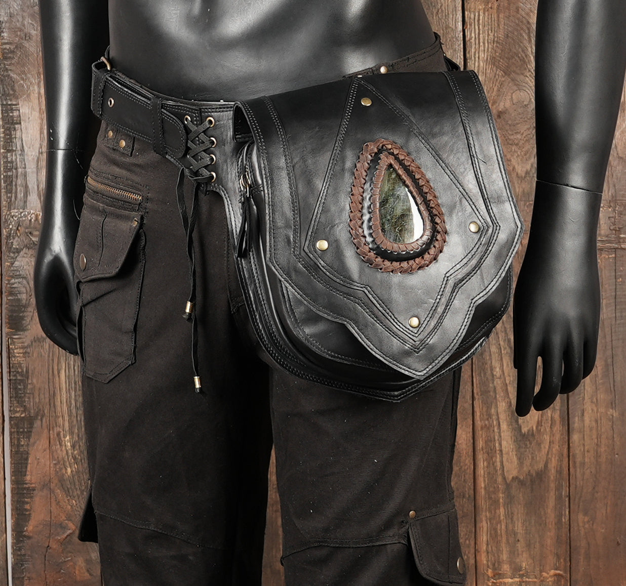 Rustic black leather belt bag with natural gemstone