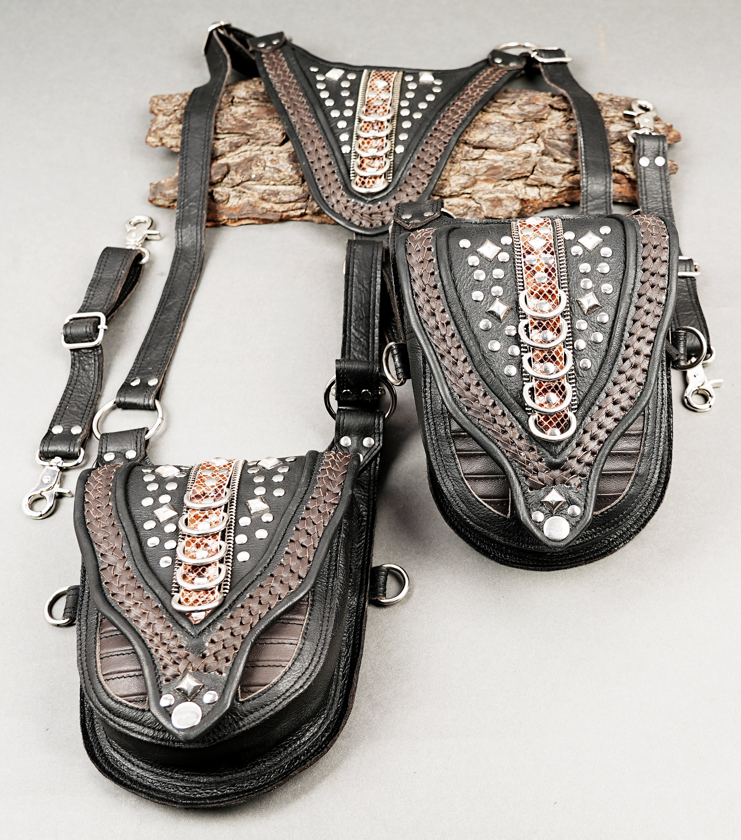 Boho-steampunk leather holster with patterned front panels