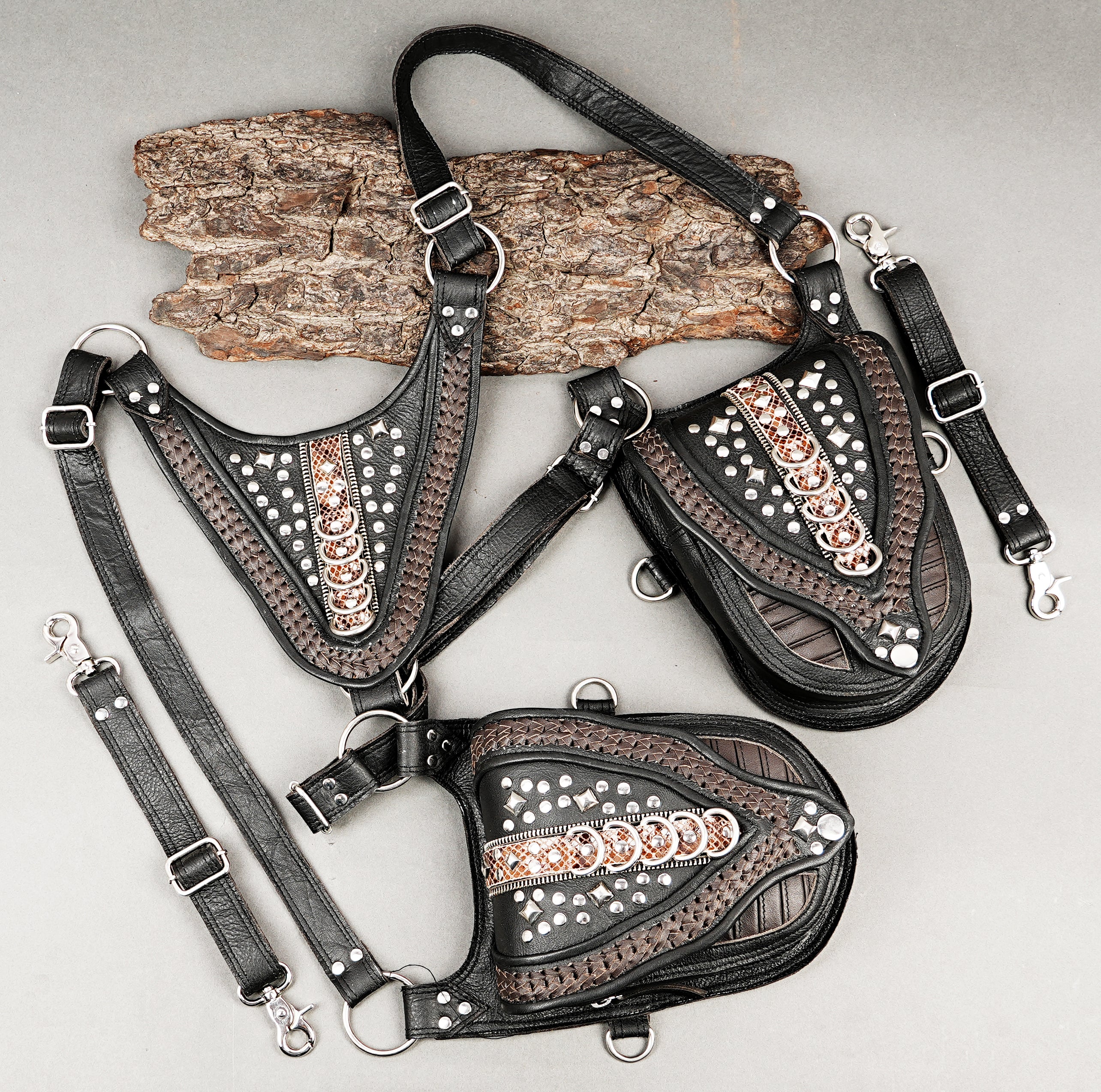 Stylish leather utility holster with layered textures and copper highlights