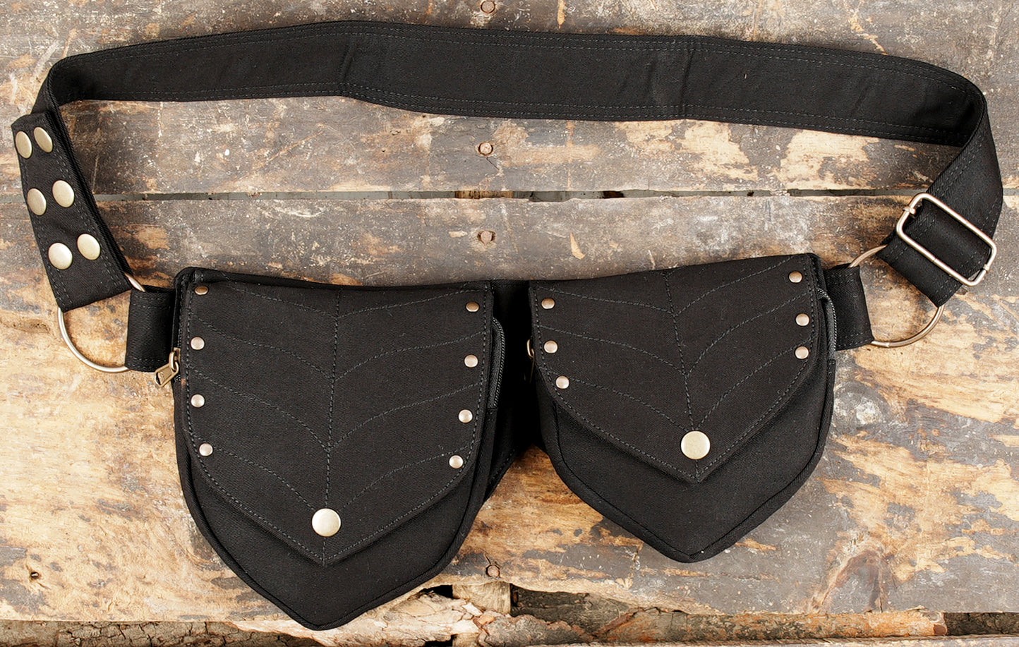 Black cotton utility belt with dual leaf-shaped flap pockets