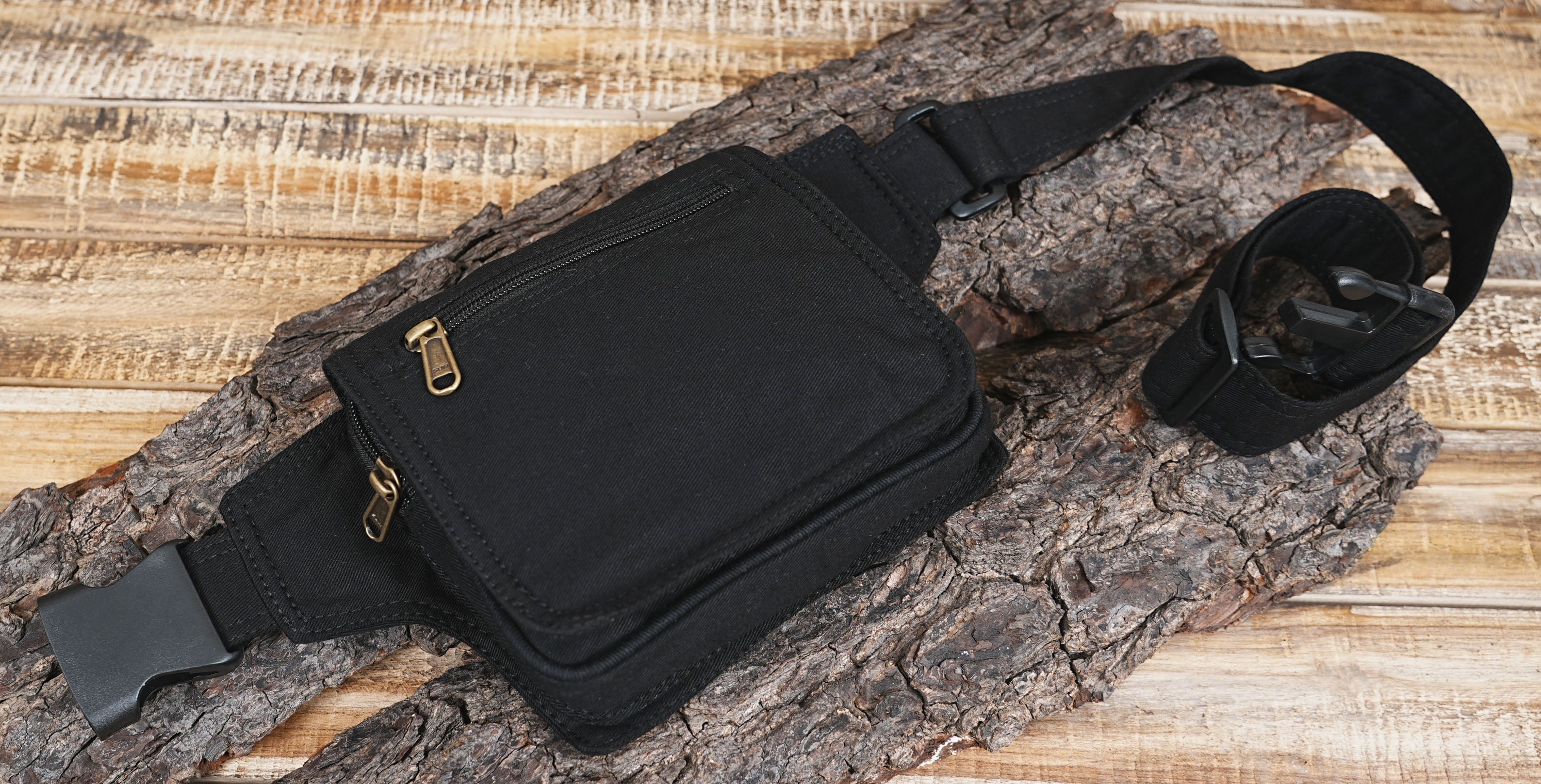 "Unisex Black Canvas Waist Pack | Multi-Pocket Utility Fanny Pack & Hip Organizer with Quick-Release Buckle"