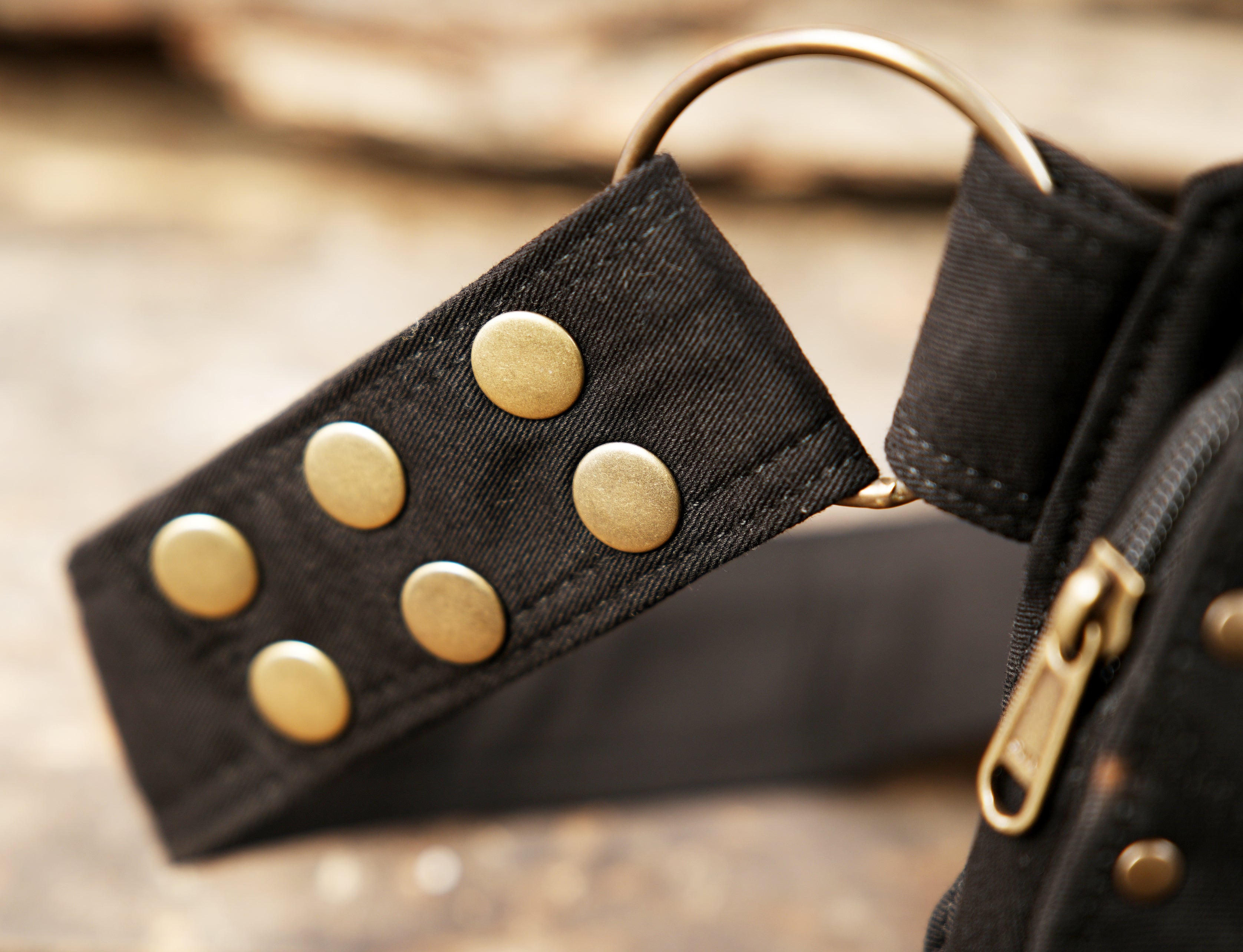 Black cotton canvas hip pouch with snap button flap pockets