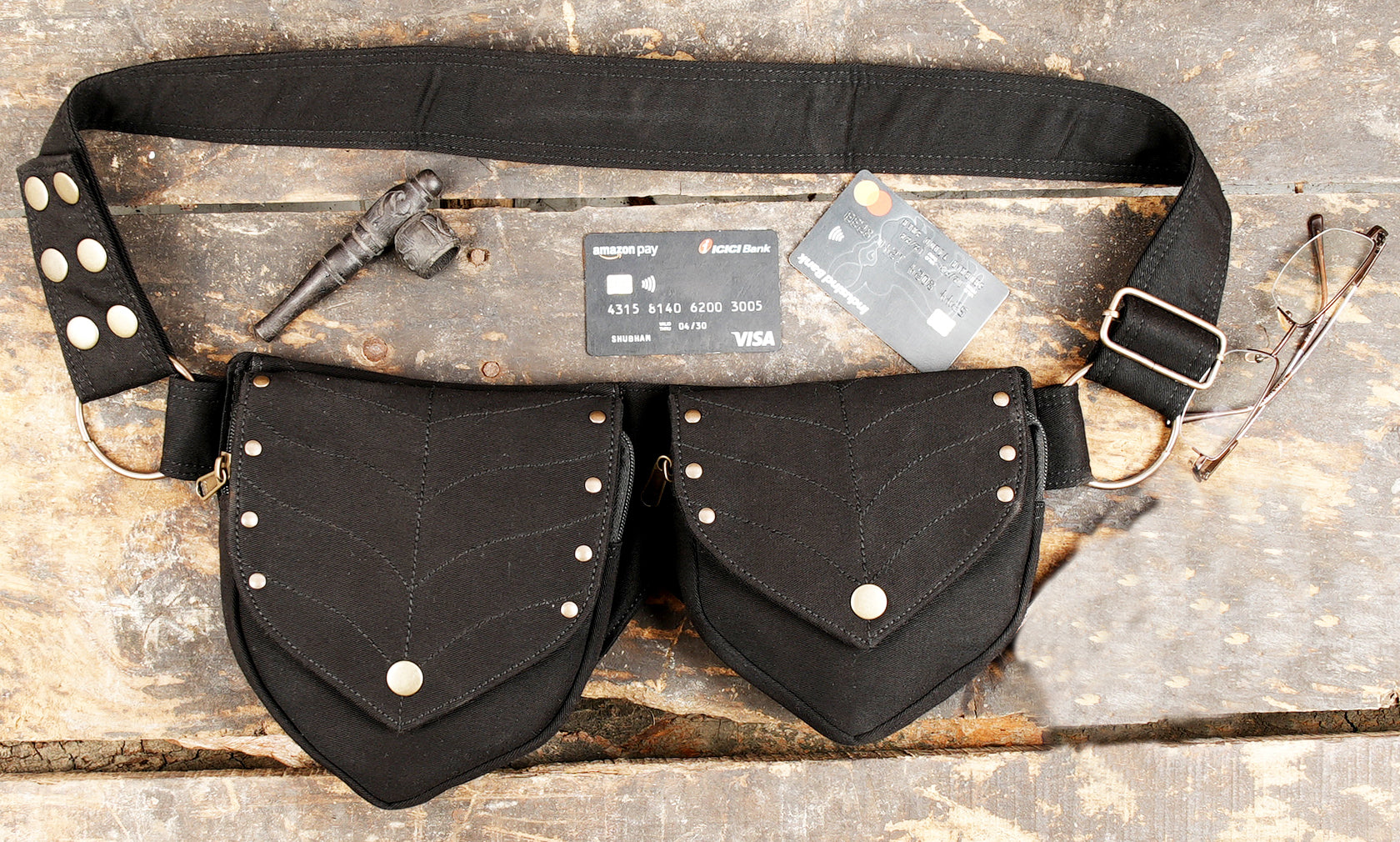 Black canvas pocket belt for alternative and festival outfits