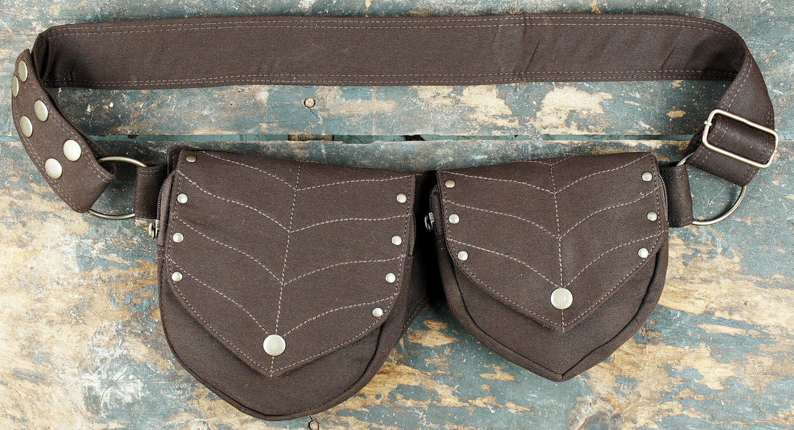Black cotton hip bag with decorative leaf-shaped pockets