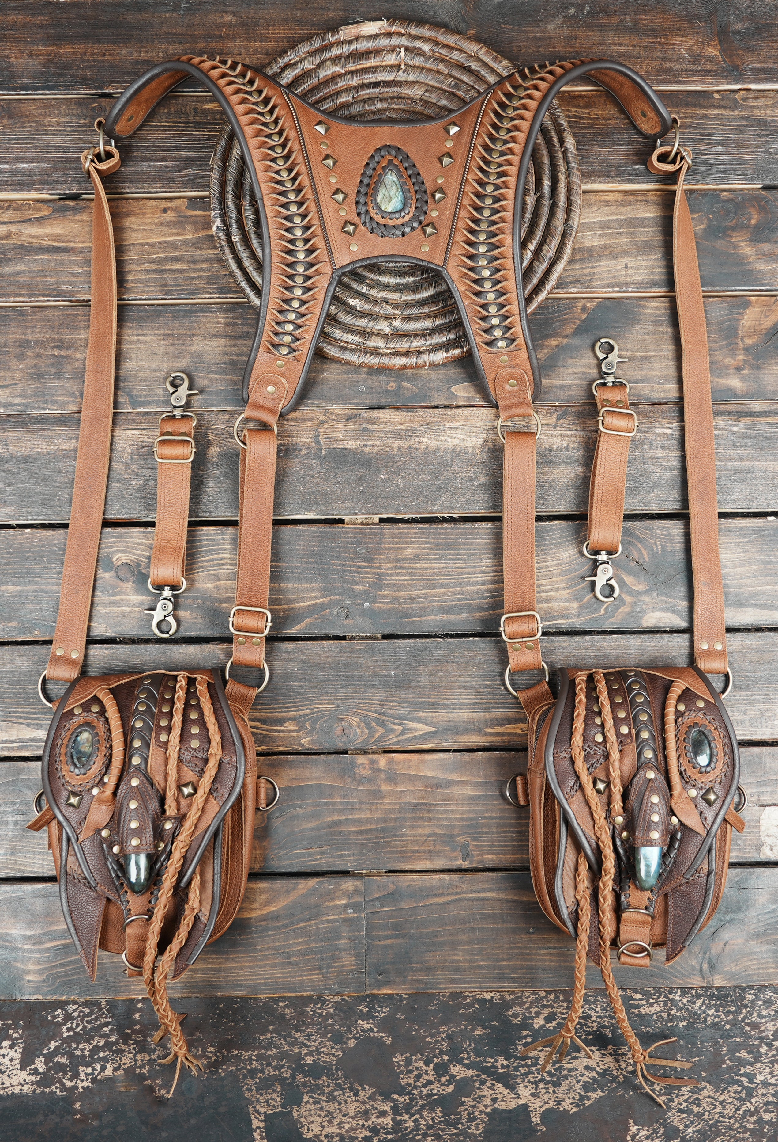 boho tribal leather hip holster with pockets