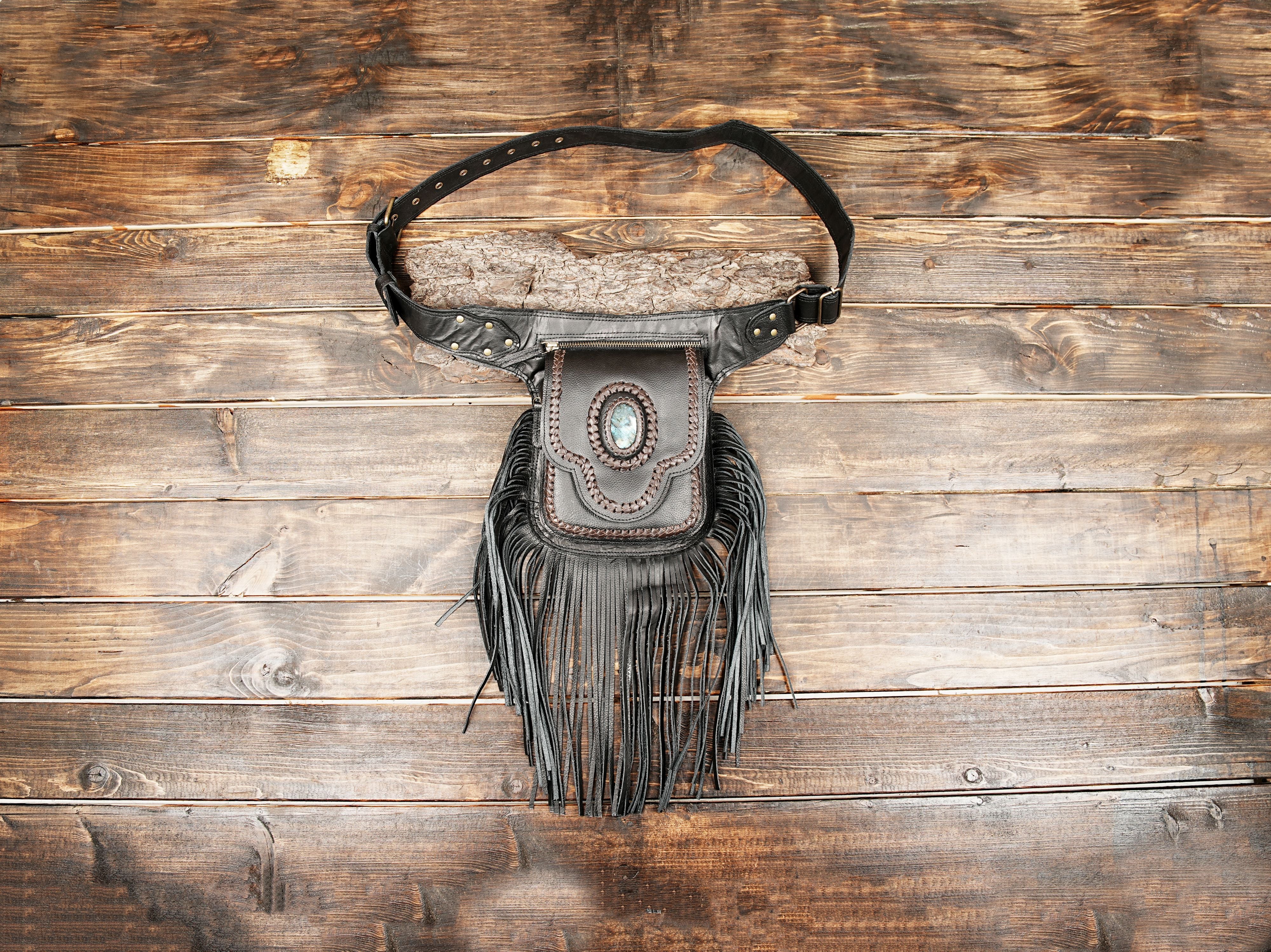 Handmade black leather waist belt with fringe and gemstone pouch