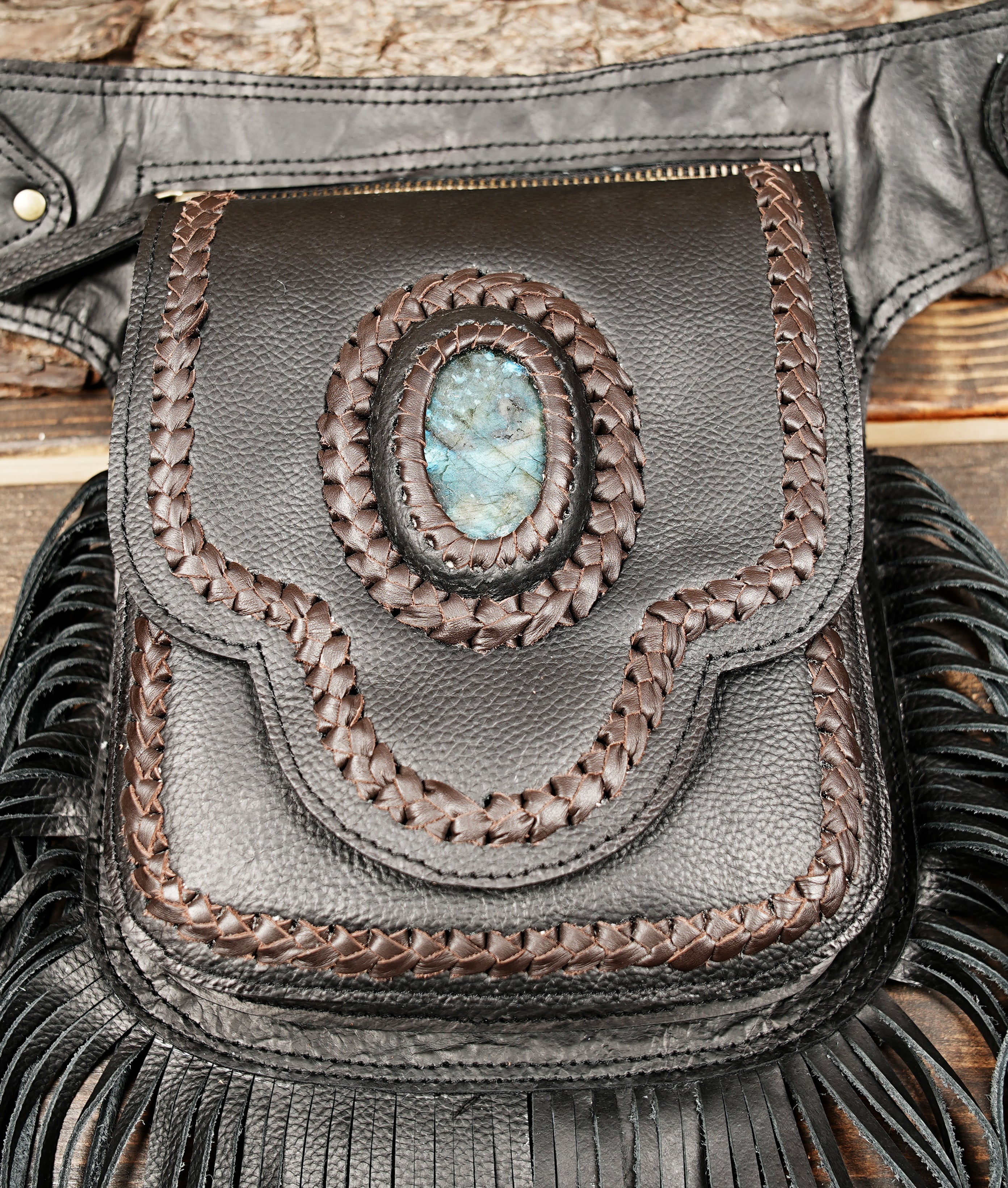 Festival leather waist belt with fringe and utility pouch