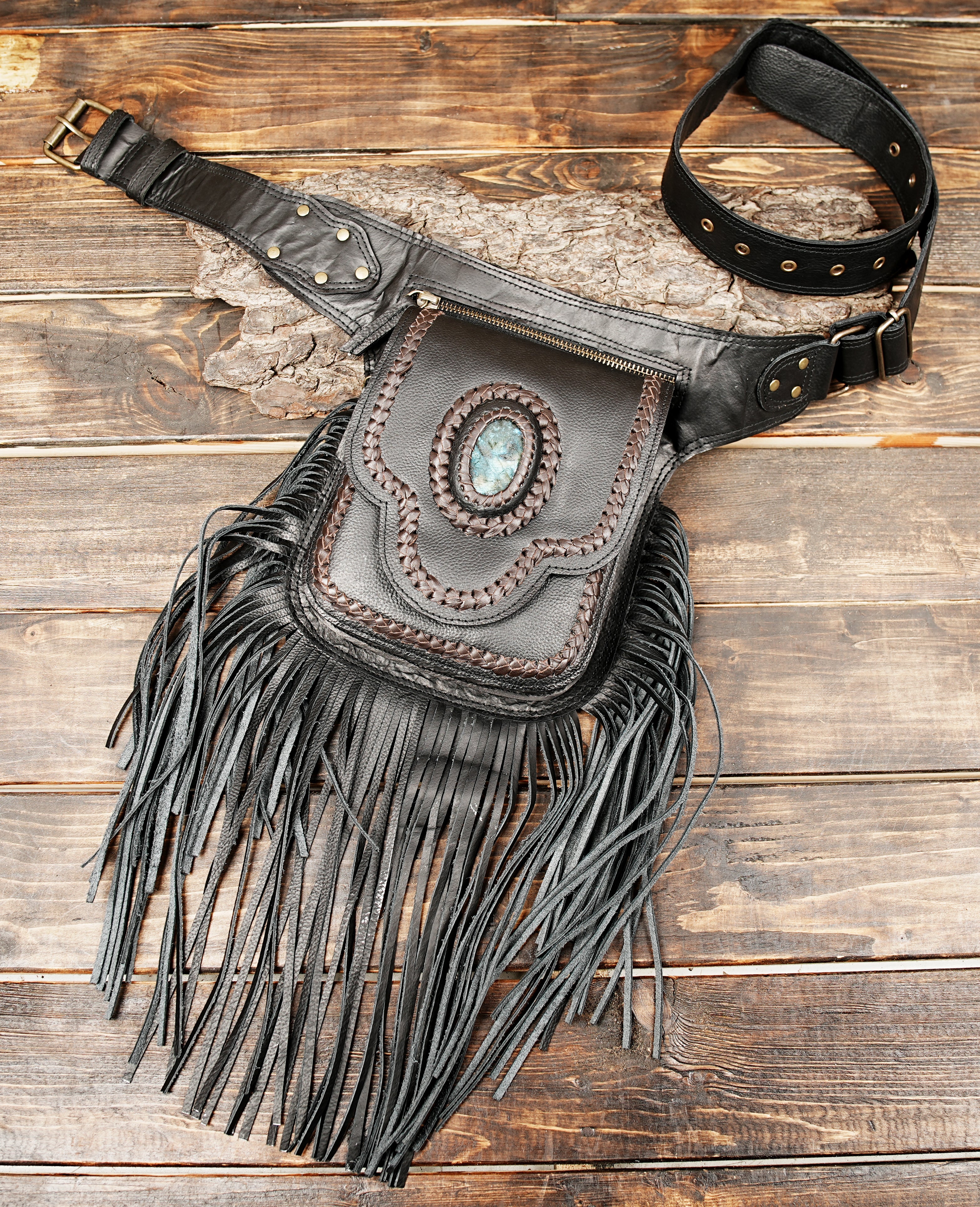 Handcrafted leather waist belt with fringe and snap pouch
