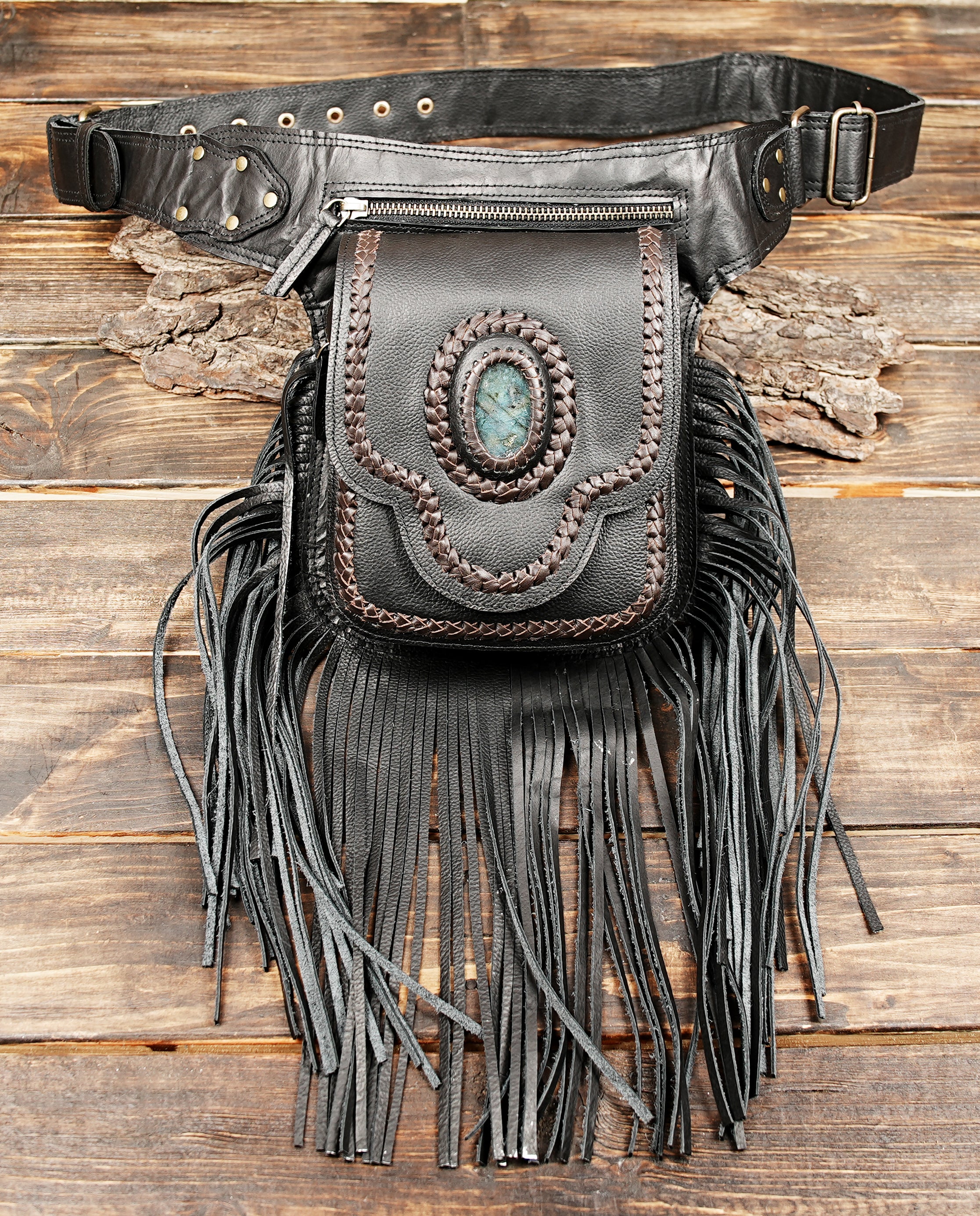 Leather festival waist belt with fringe and artisan design