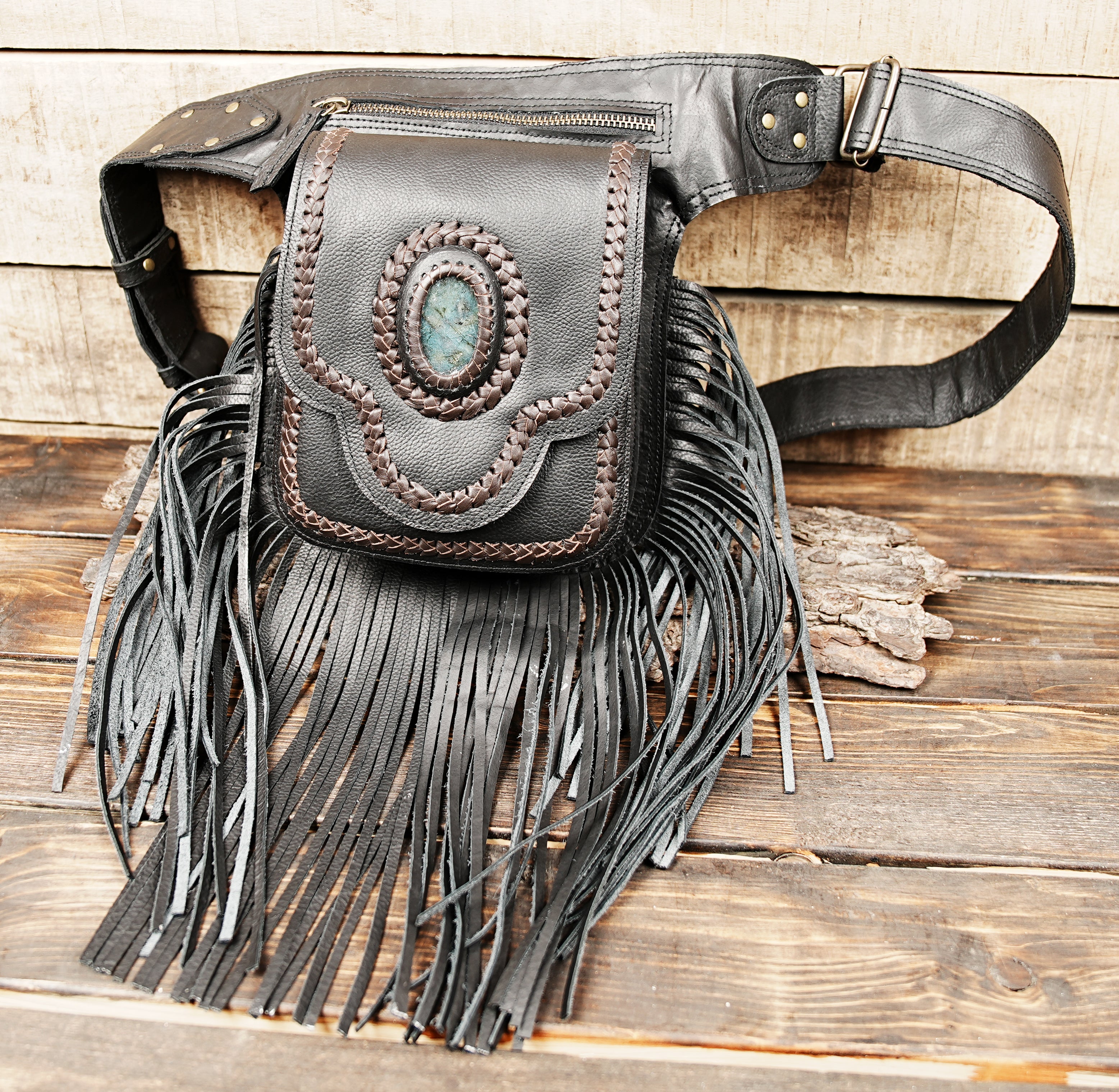 Adjustable leather waist belt with gemstone pouch and tassels