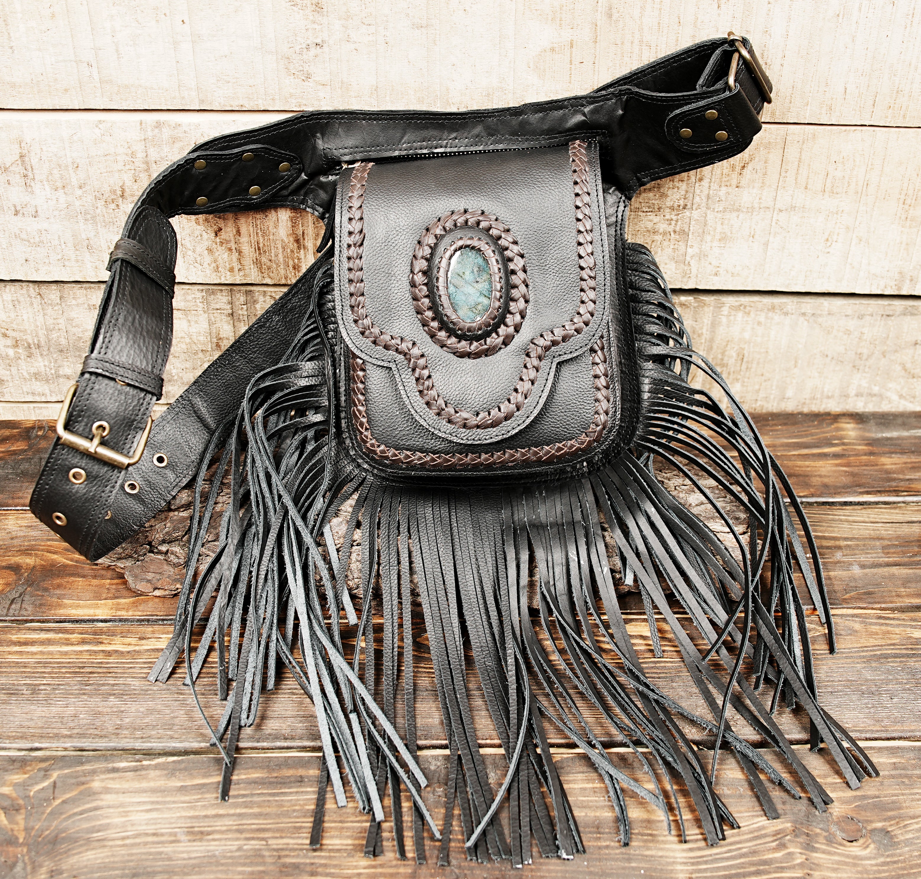 Black leather utility waist belt with fringe detailing
