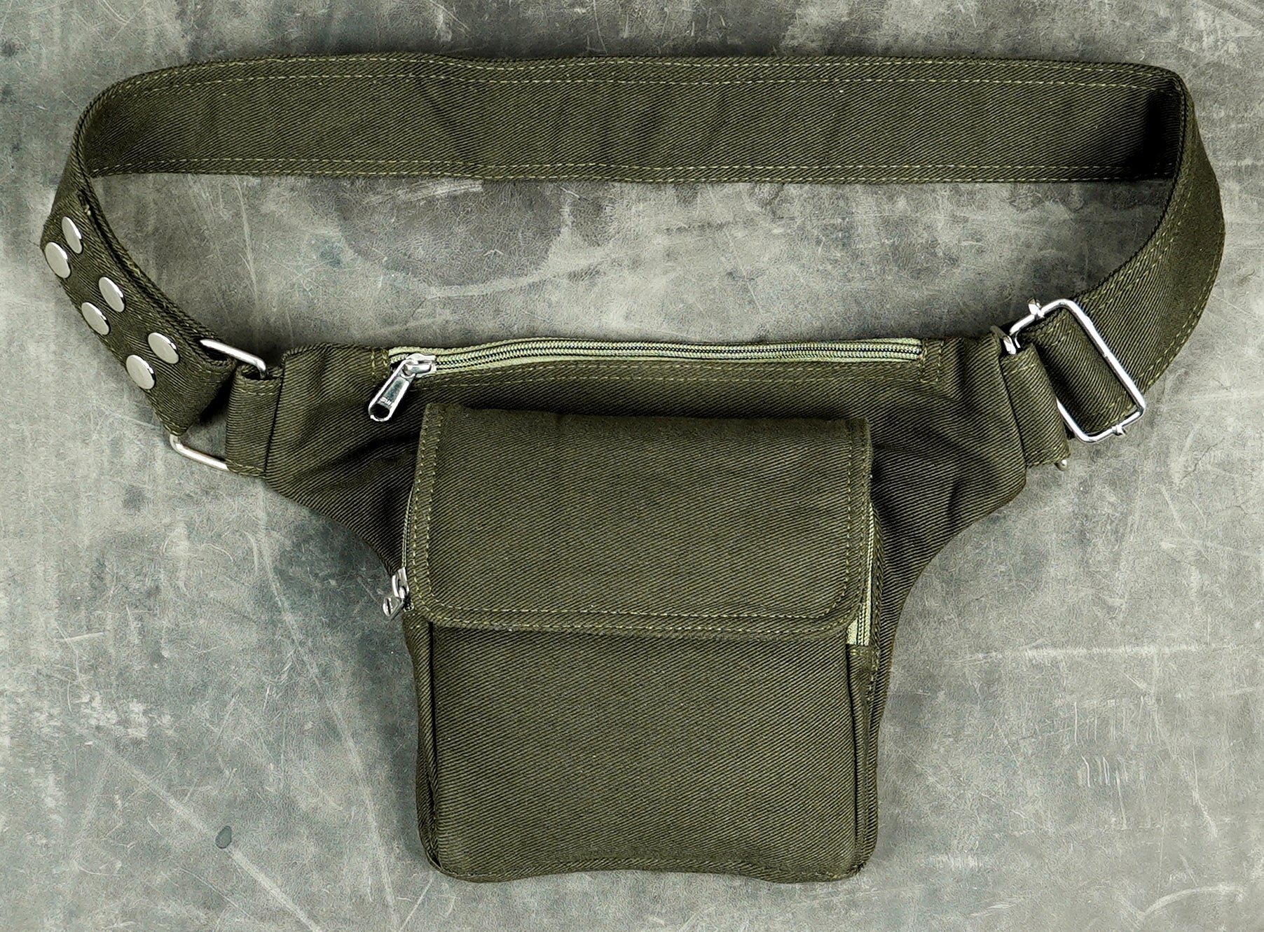 Minimal olive canvas waist pouch with adjustable cotton belt strap