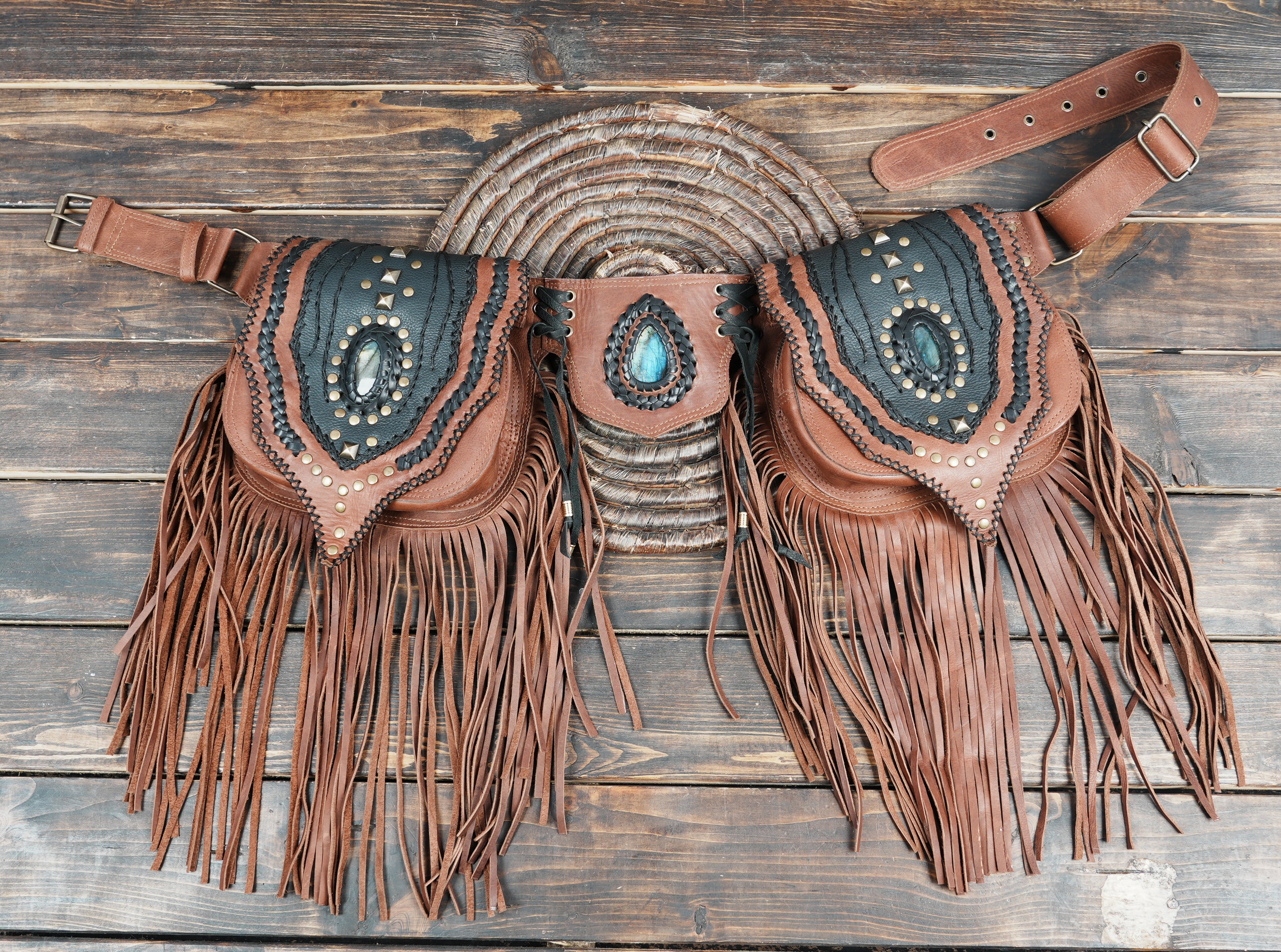 Handmade White Leather Fringe Waist Belt || Boho Leather Festival Belt with Dual Pouches (LT/AB/WB/6055)