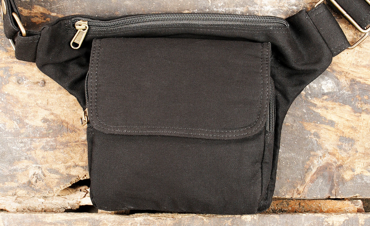 Minimalist black canvas hip bag and waist pack for everyday travel