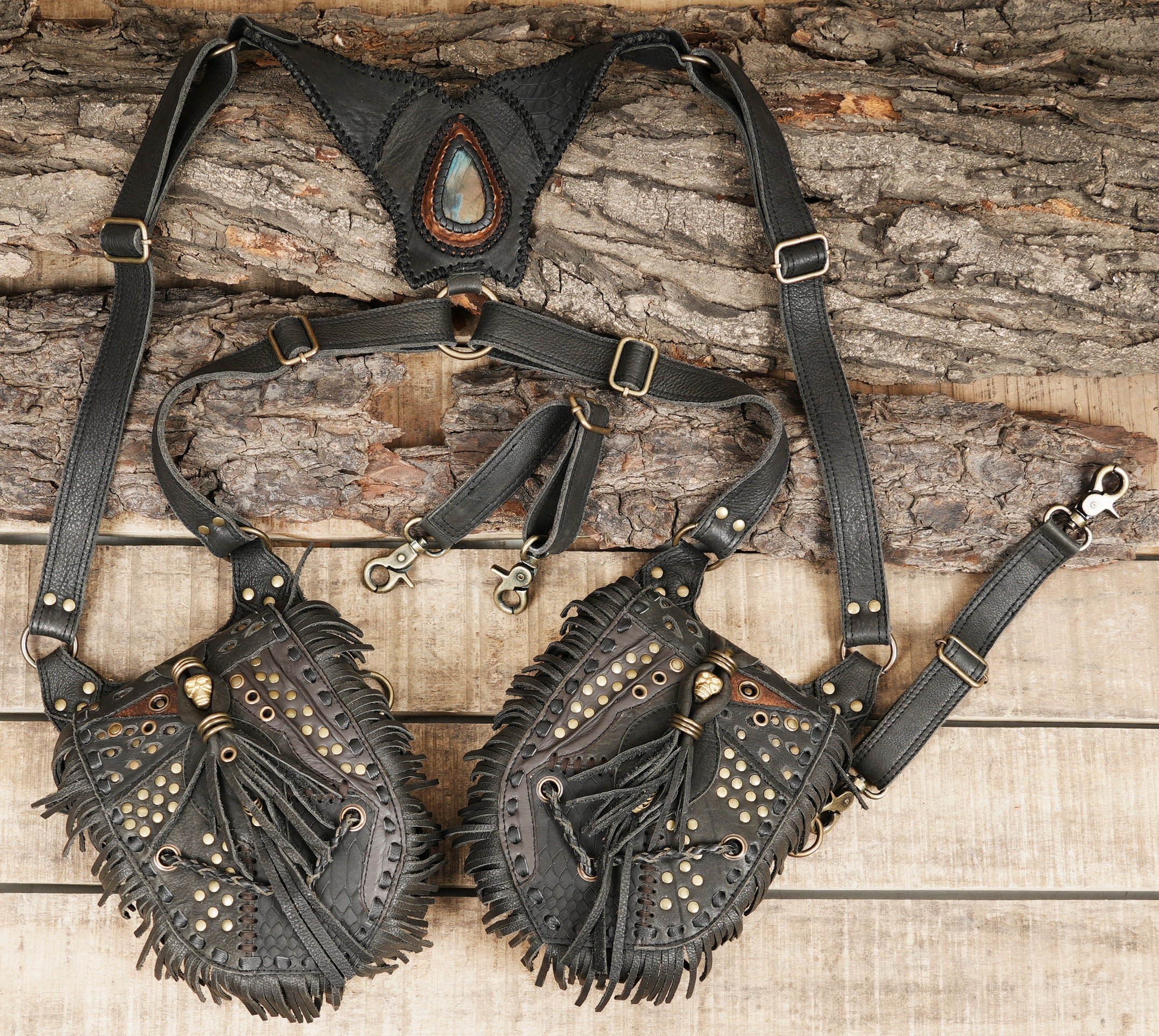 Unique leather harness accessory with dual functional pouches