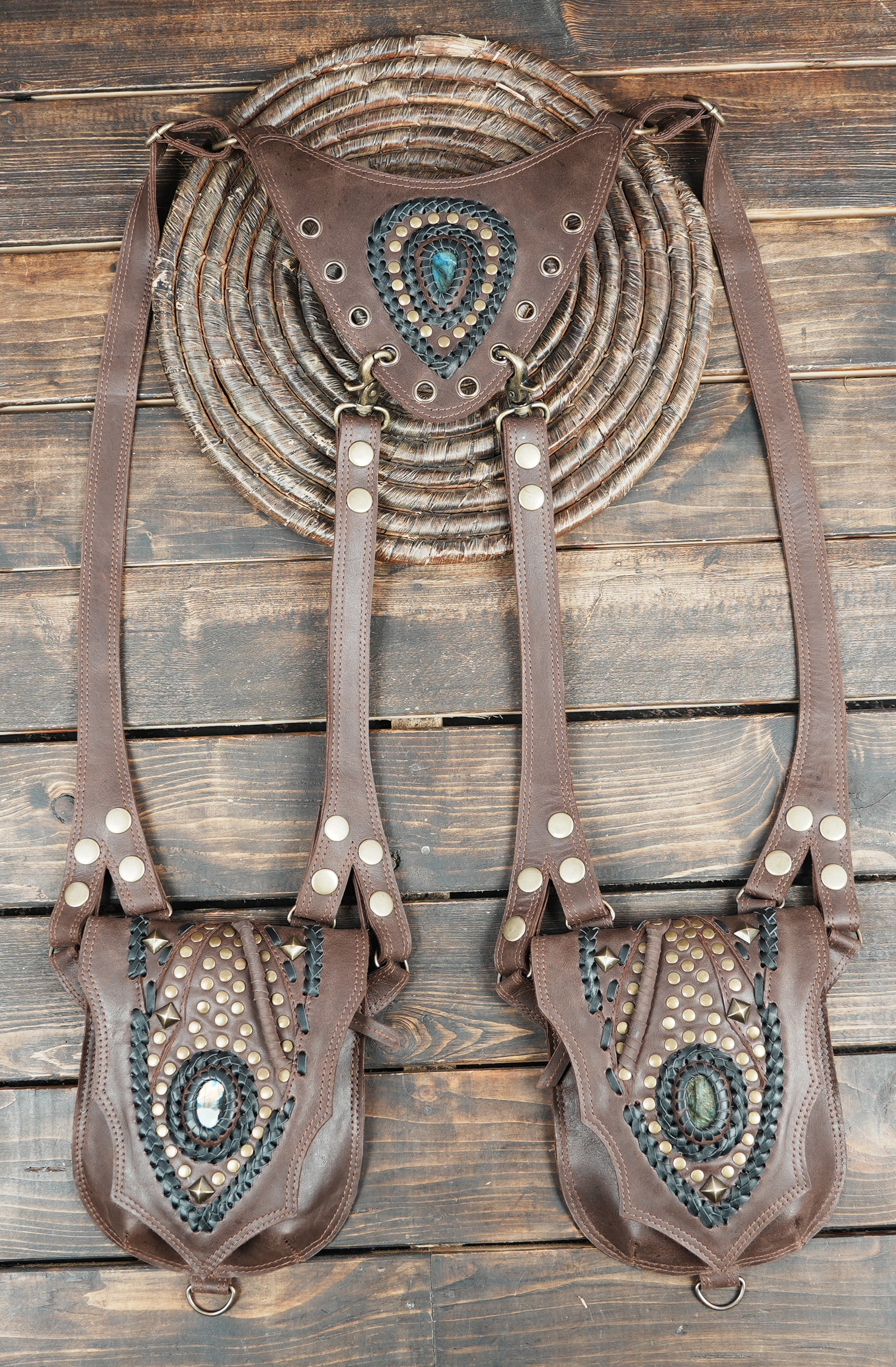 Handmade Tribal Leather Dual Pouch Holster || Boho Style Leather Shoulder Holster (LT-AB-HLS-6056)