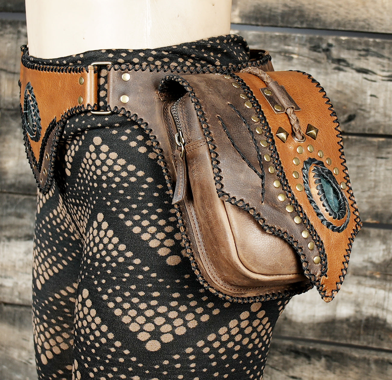 Handmade Leather Waist Belt with Utility Pouches || Boho Leather Waist Belt with Dual Pouches and Stone Detail (LT/AB/WB/6169)