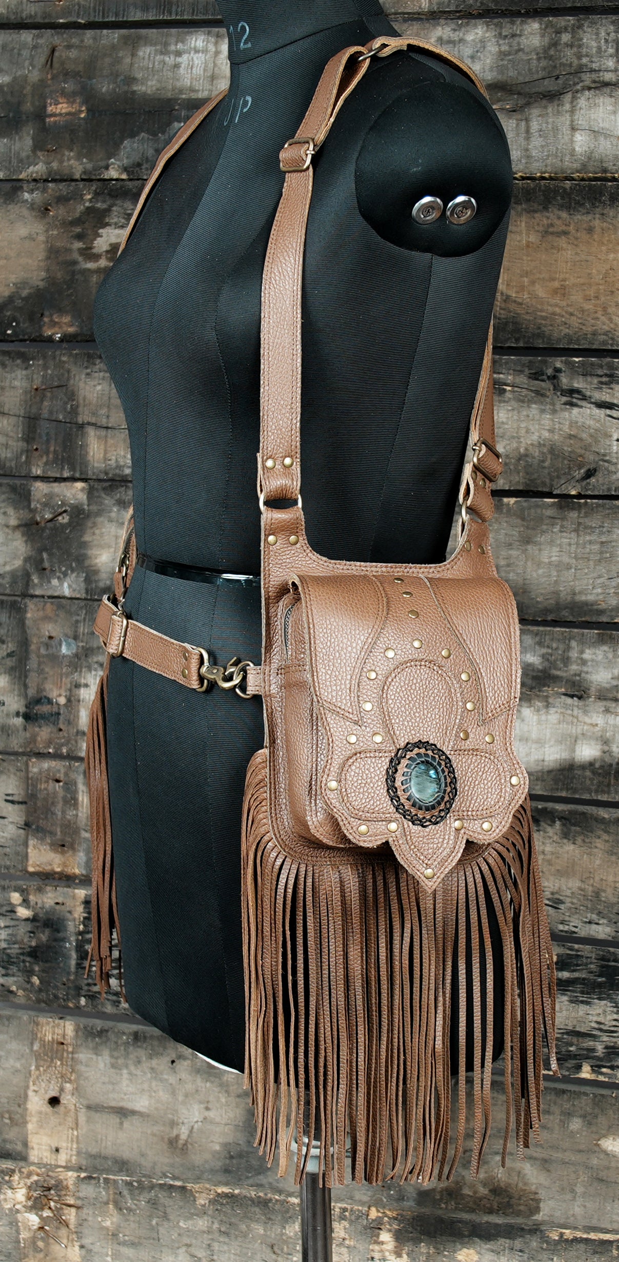 Boho western leather holster with long flowing fringe