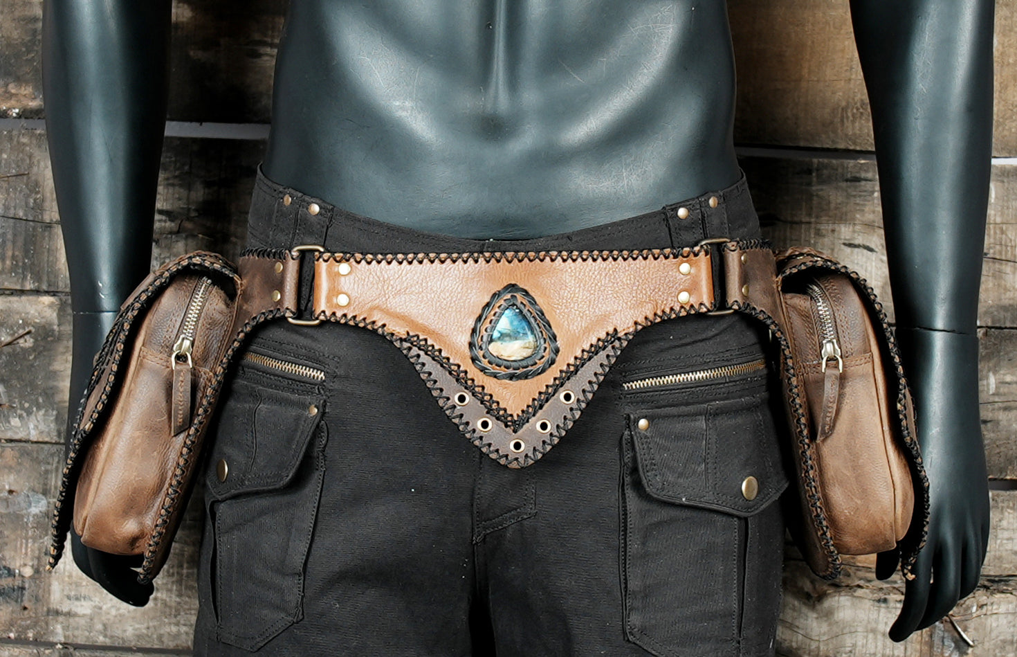 Handmade Leather Waist Belt with Utility Pouches || Boho Leather Waist Belt with Dual Pouches and Stone Detail (LT/AB/WB/6169)