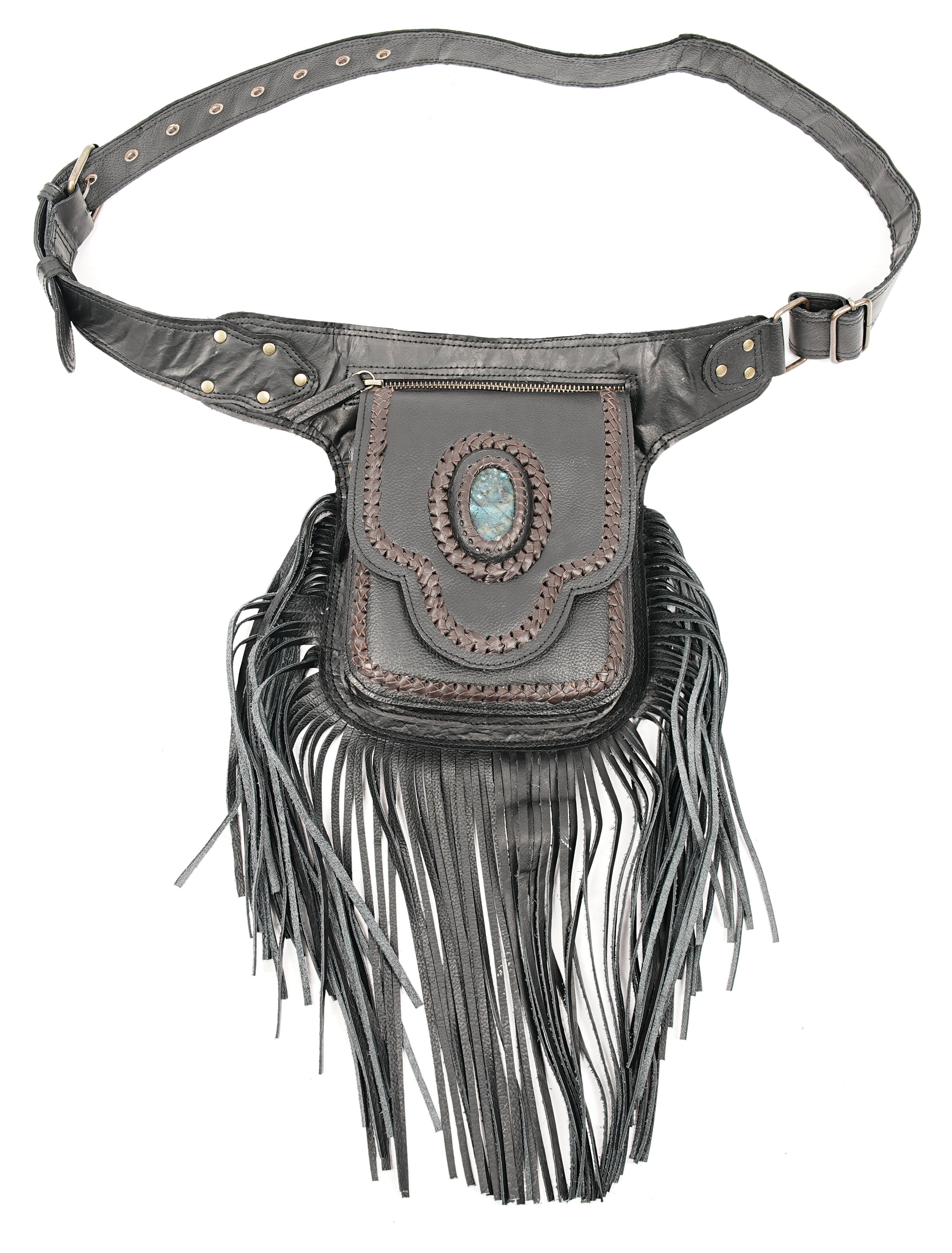 Hand stitched leather waist belt with boho fringe style