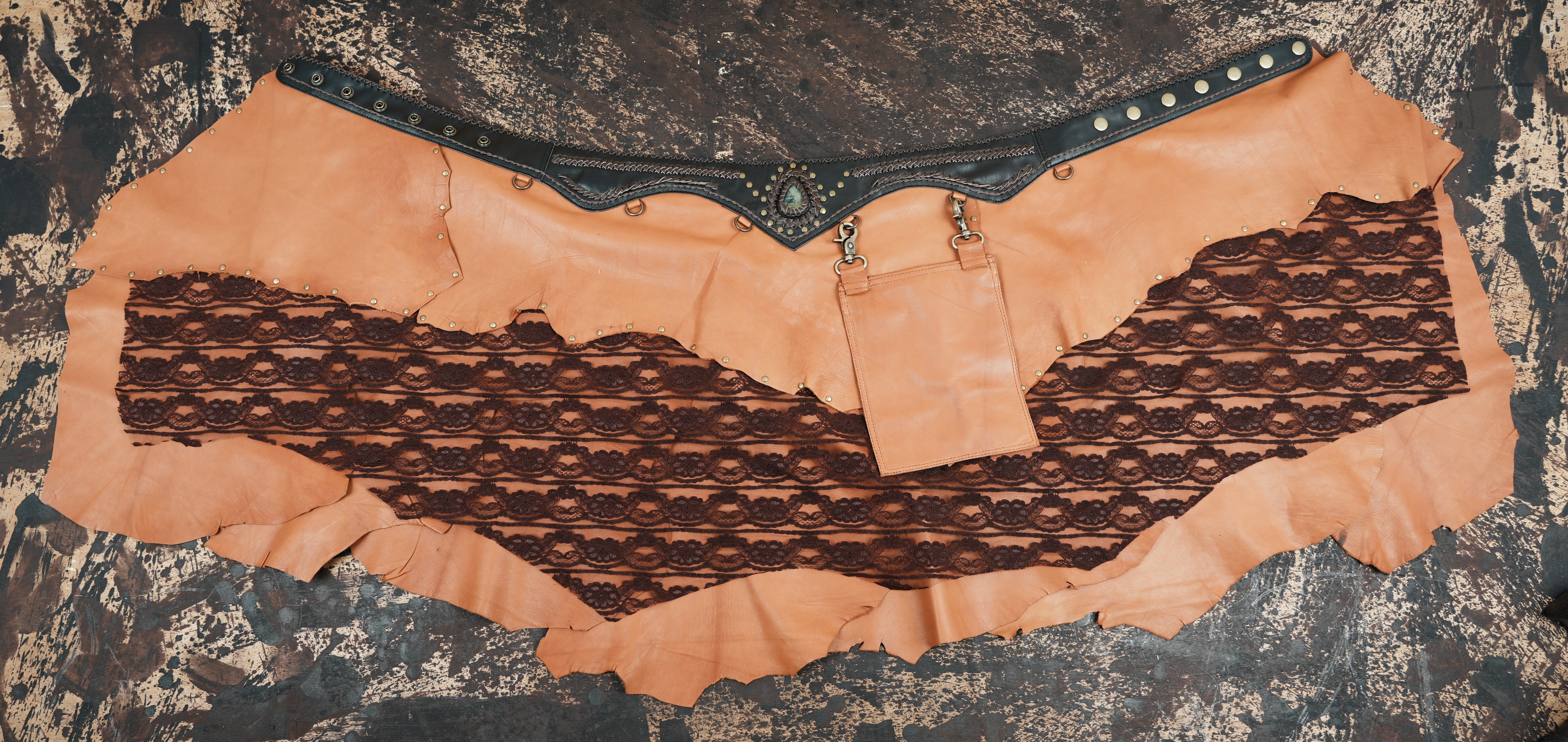 Boho leather skirt with lace panel and pouch