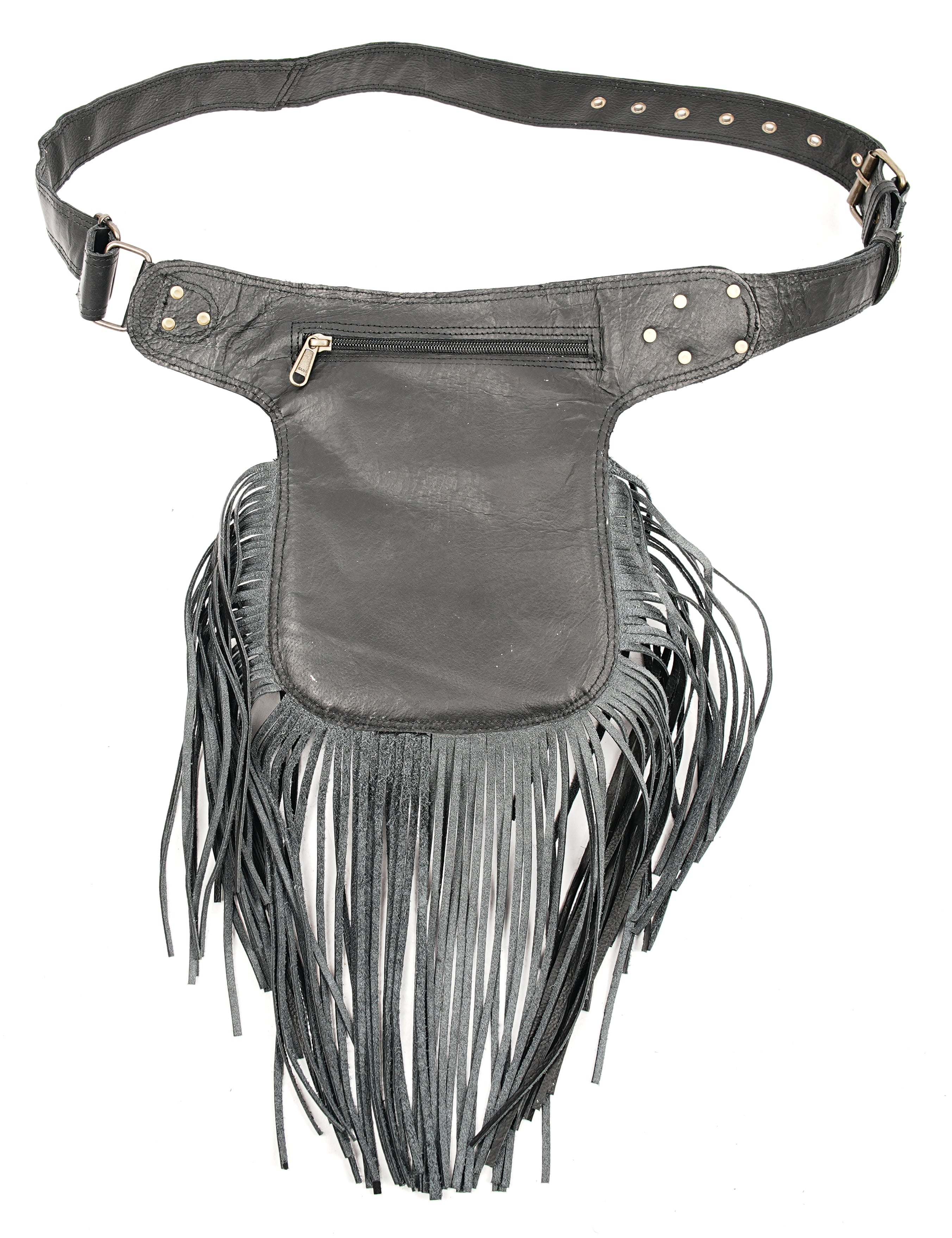 Statement leather waist belt with gemstone and fringe