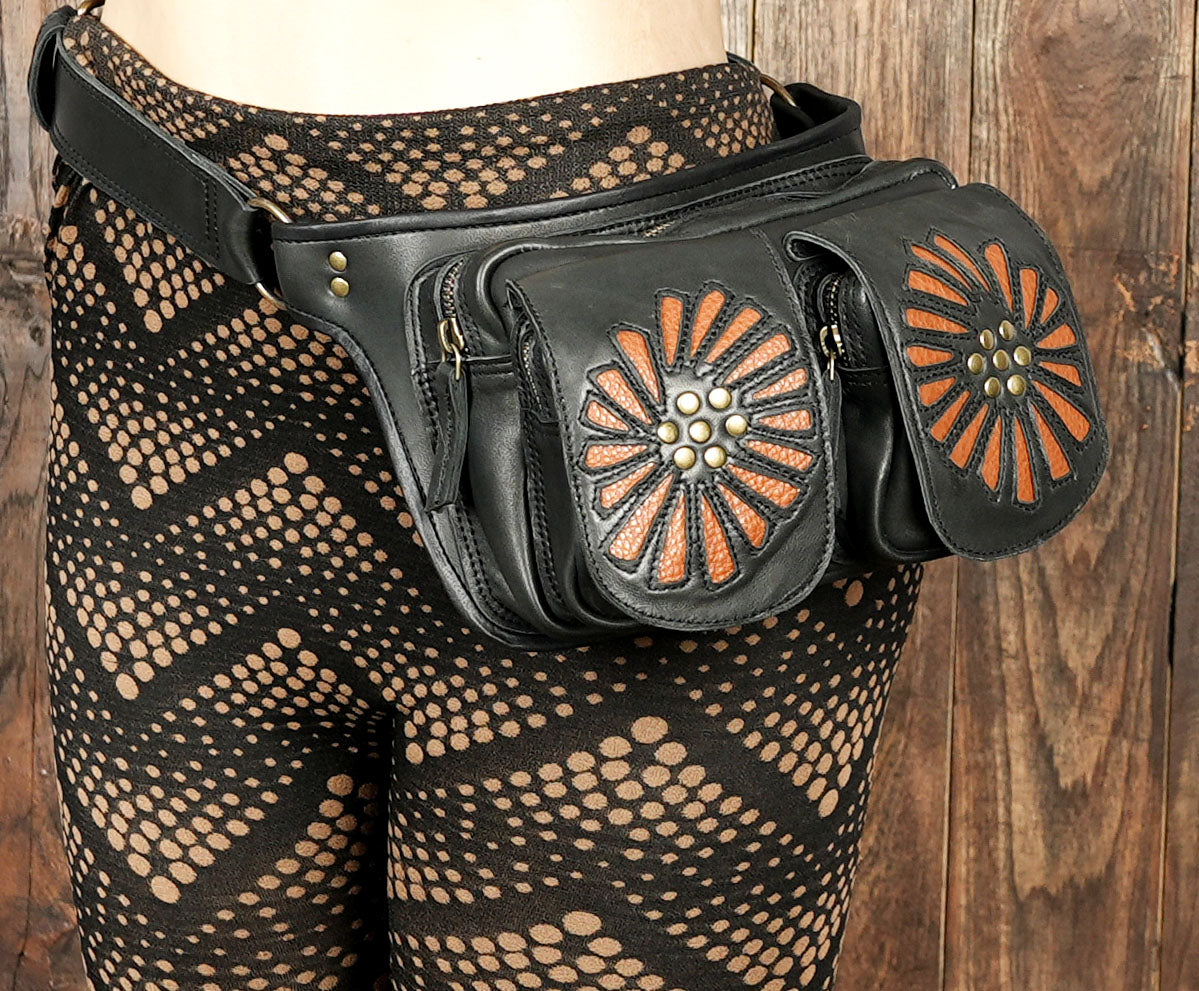 Handmade Leather Utility Belt Pouch: Unisex Festival Bum Bag orange design 