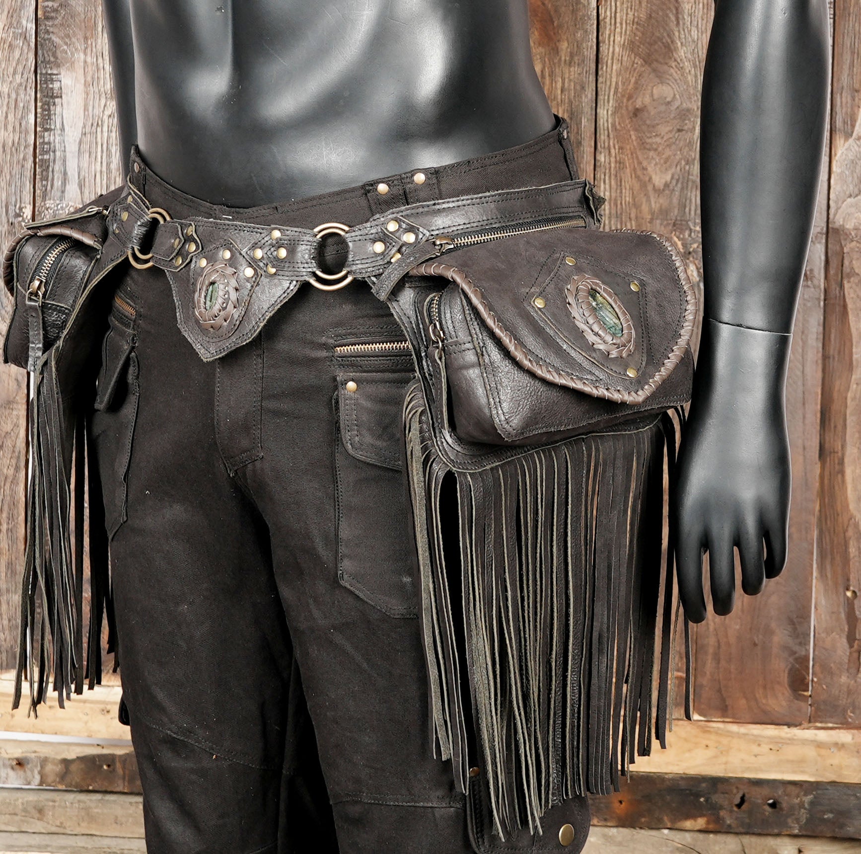 Women's Brown Leather Hip Bag, Western Trail Ride Bag, Boho Fringe Crossbody, Clip On Belt Loop Festival Waist Bag, Fanny Pack, Belt Bum Bag with gemstone on pocket  