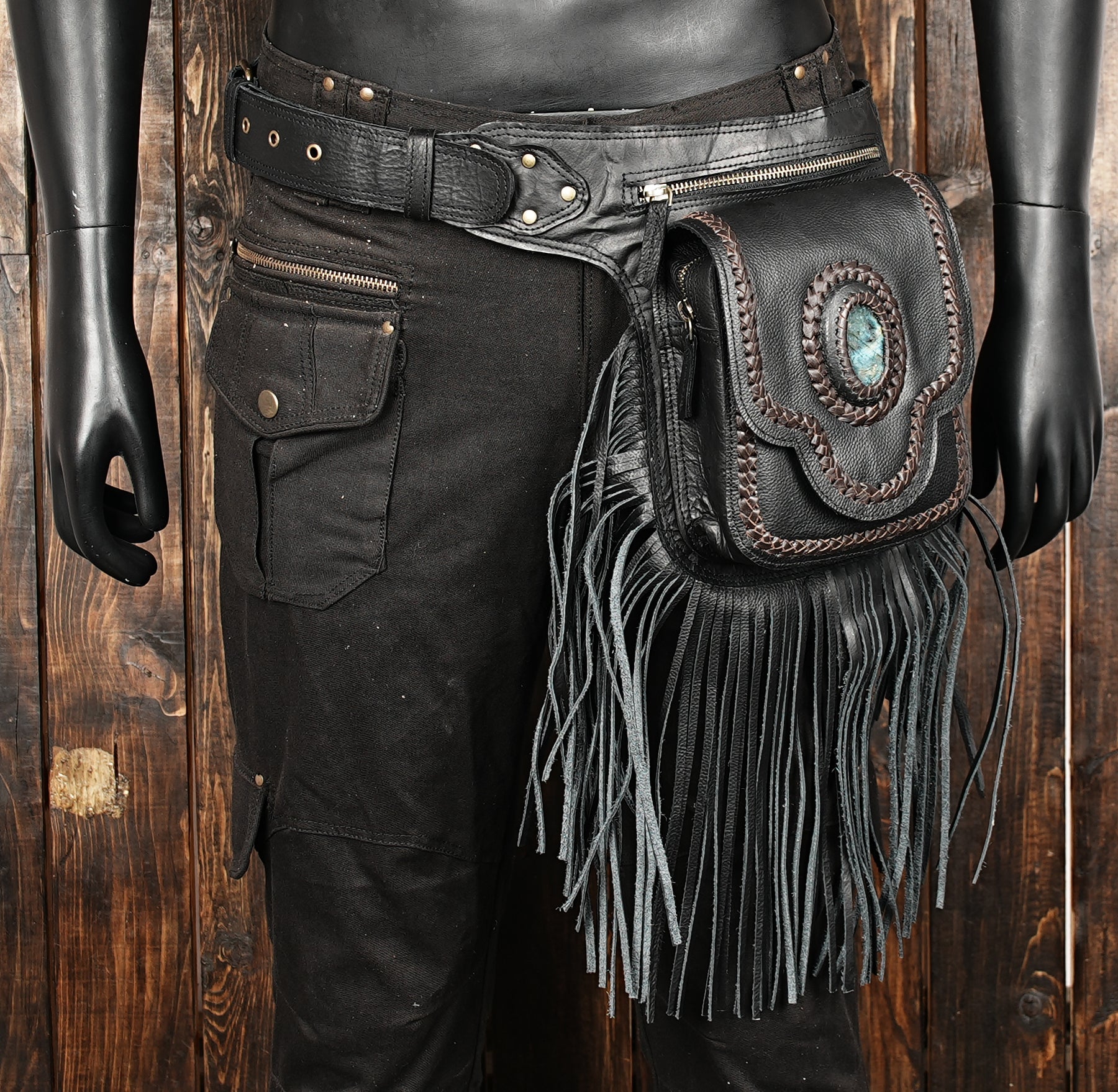 Artisan black leather hip belt with fringe tassels