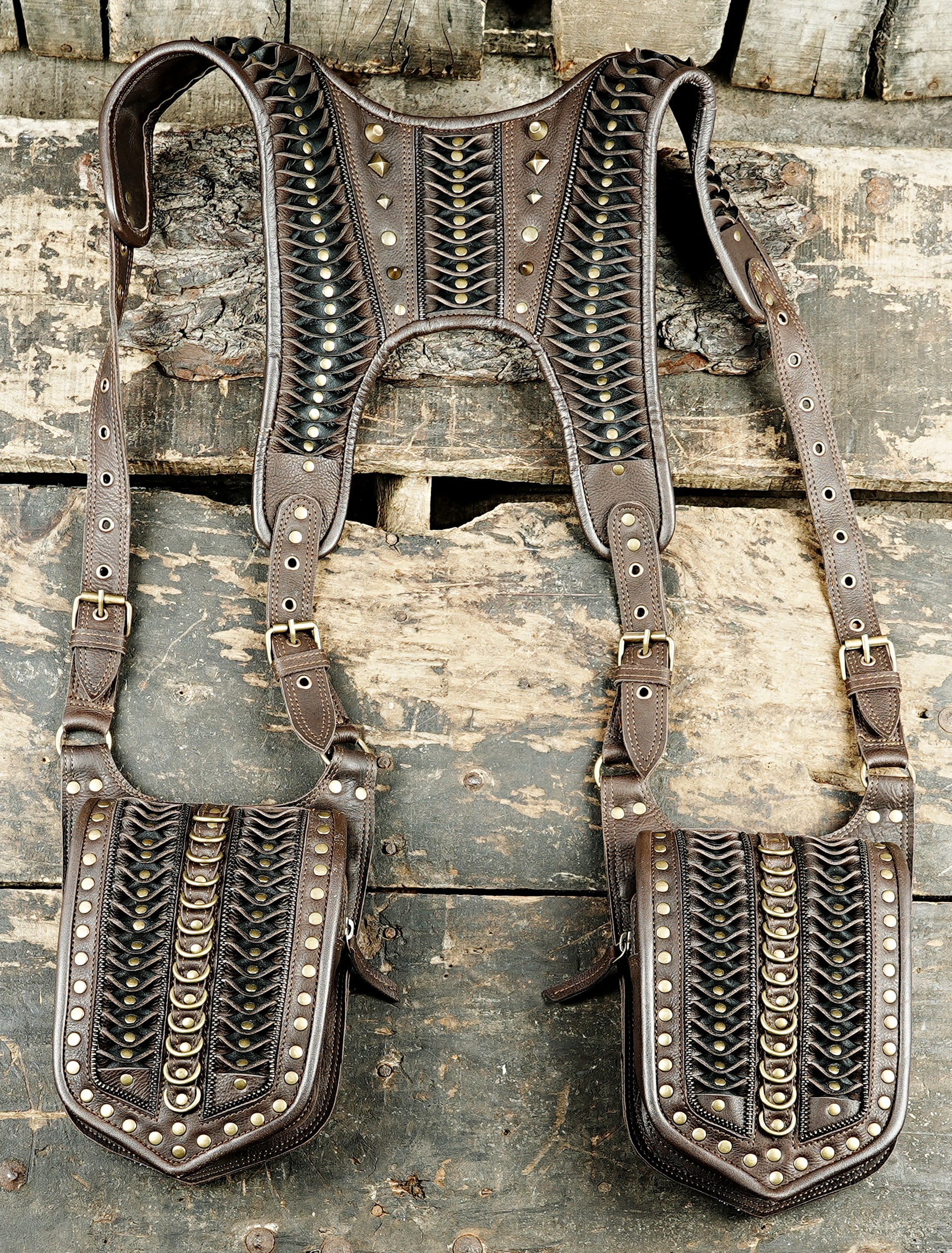 Handmade Leather Double Holster Bag with Adjustable Straps Festival Utility Holster Harness Steampunk / Boho Leather Bag with labradorite metal lock 