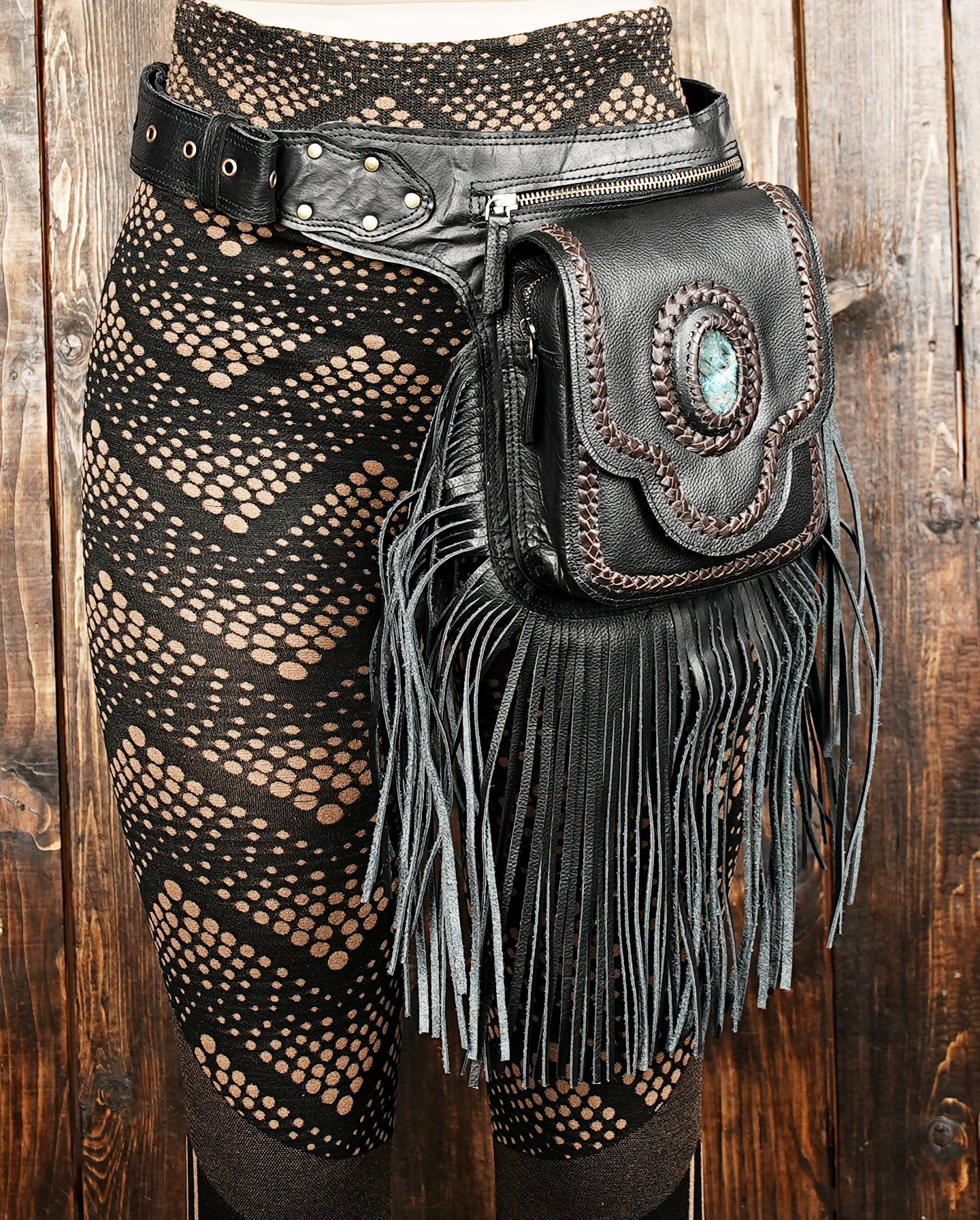 Leather waist belt bag with fringe and adjustable strap