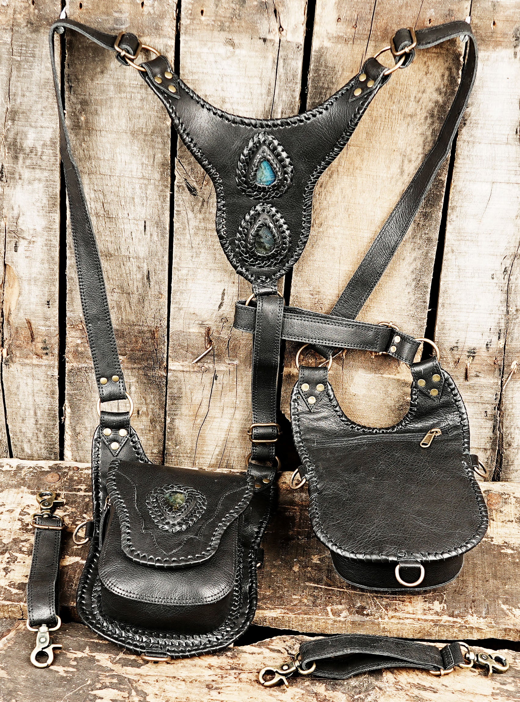 Gothic leather harness holster with gemstone accents
