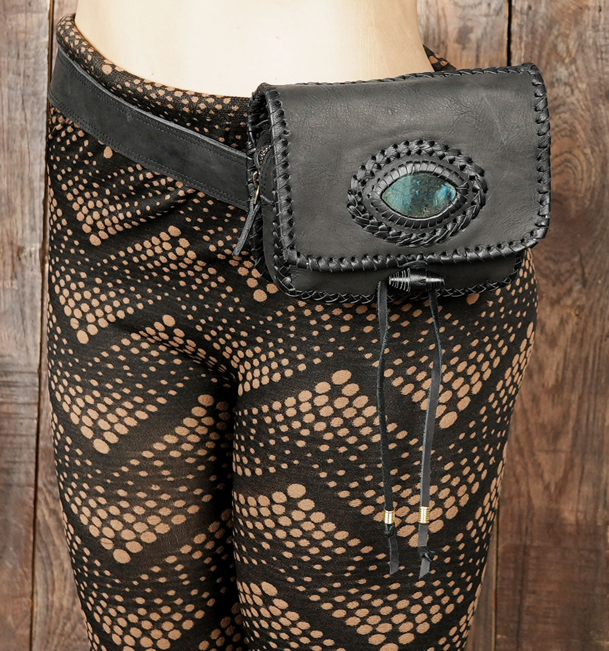 Handmade Black Leather Waist Belt with Labradorite Stone (LT-AB-WB-6163)