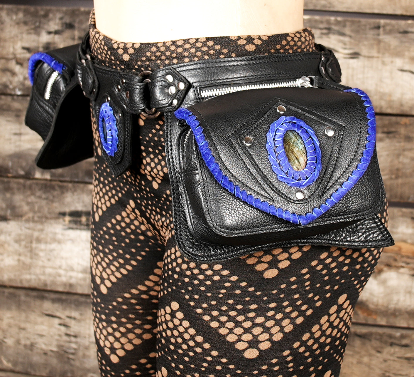 Unique artisan leather hip bag with gemstone inlay