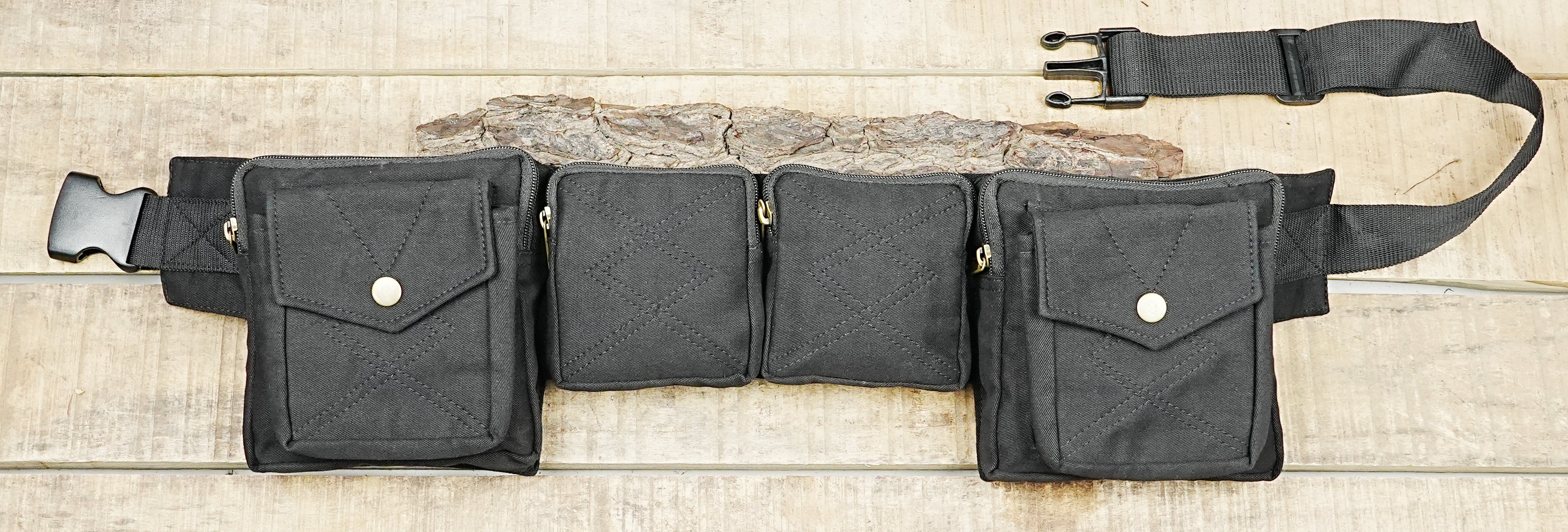 Black utility pocket belt with quick-release buckle and side zippered pouches