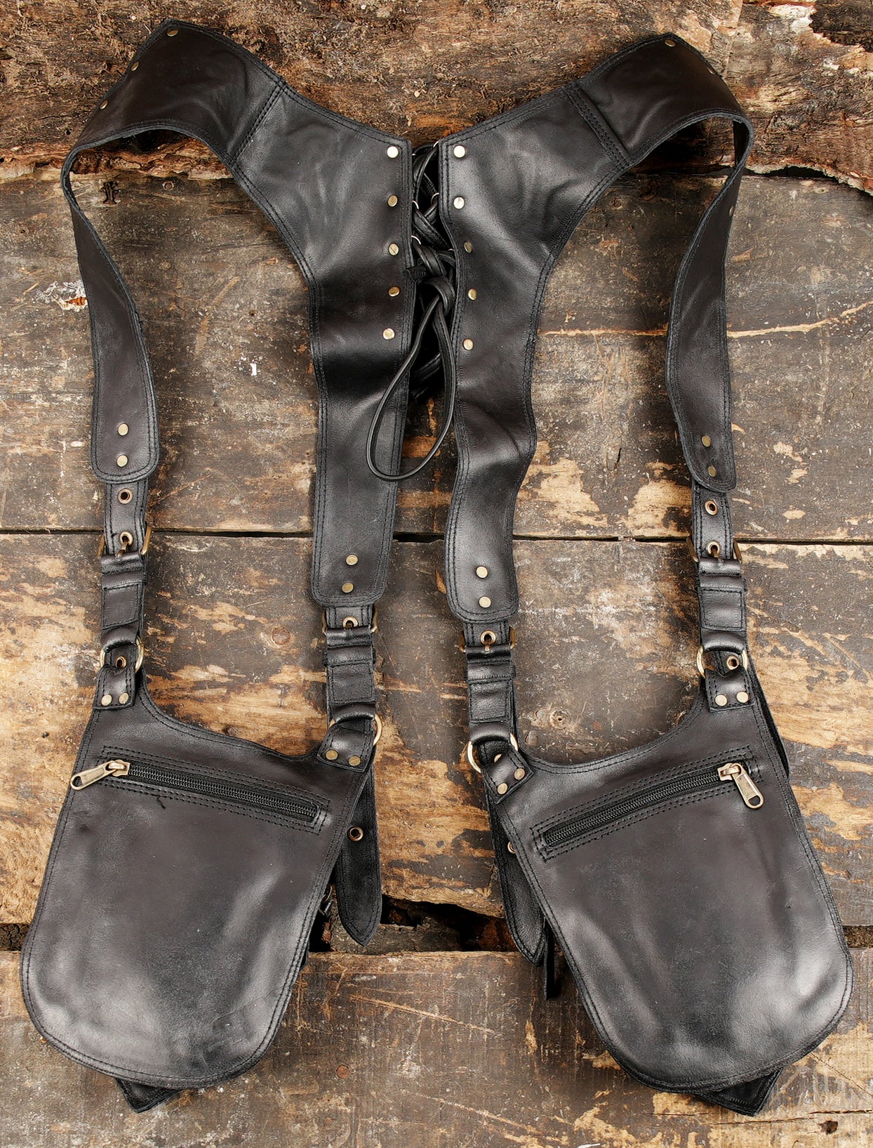 Edgy festival holster with stitched leather panels and studs