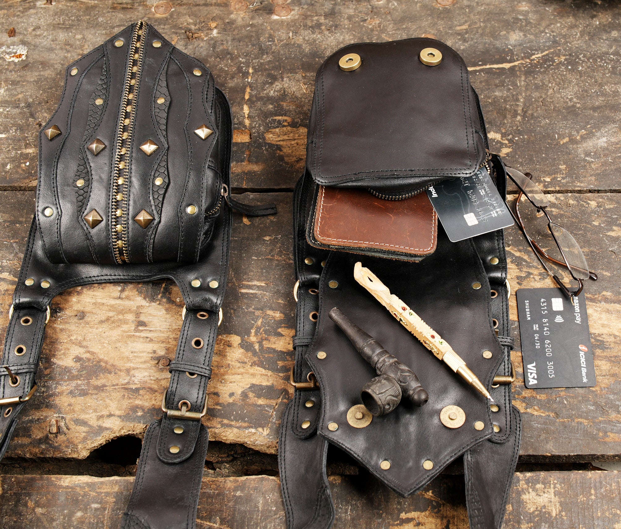 Festival style leather holster with twin studded pouches