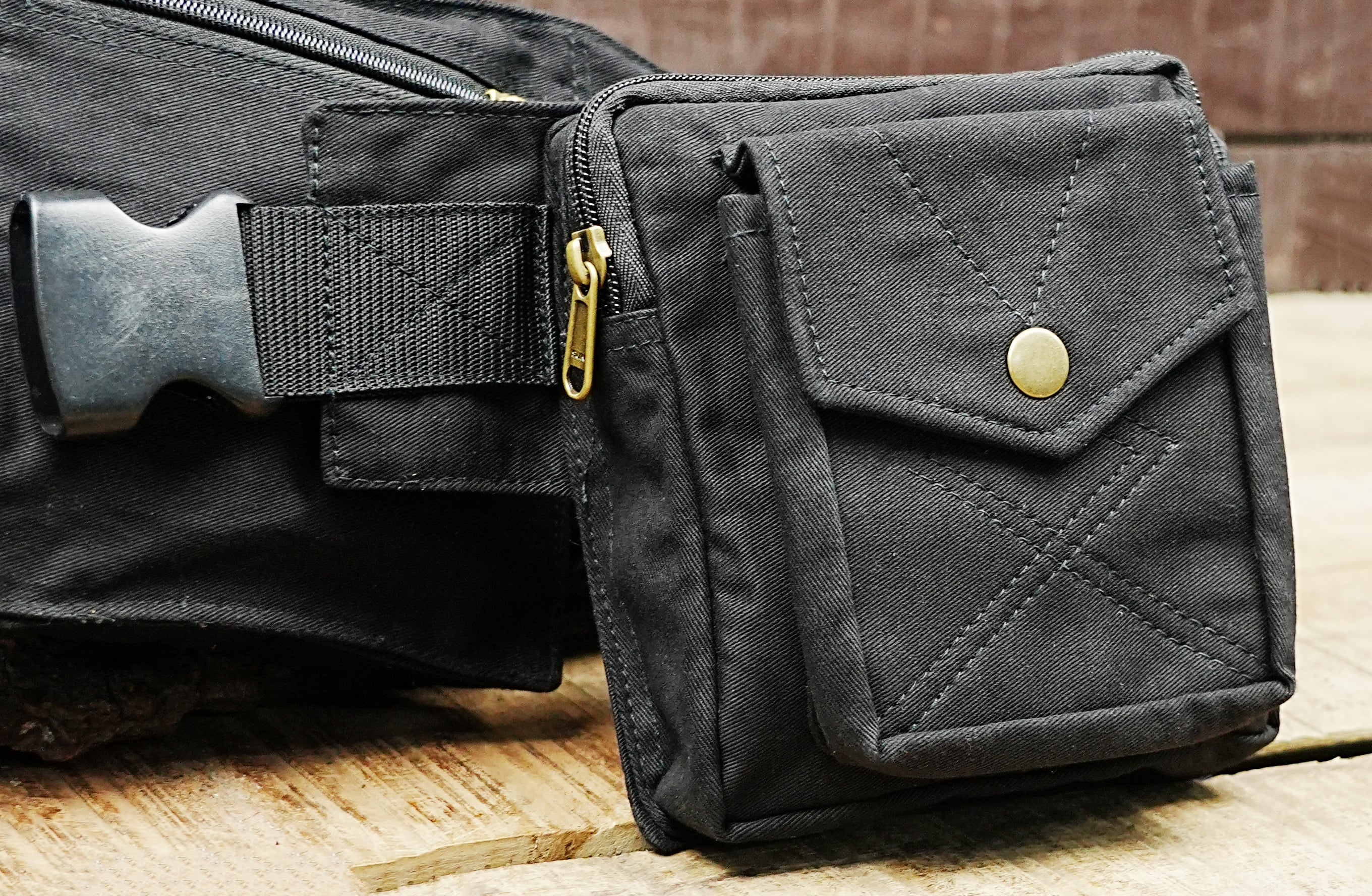 Unisex cotton canvas bum bag with zip compartments and snap button pockets