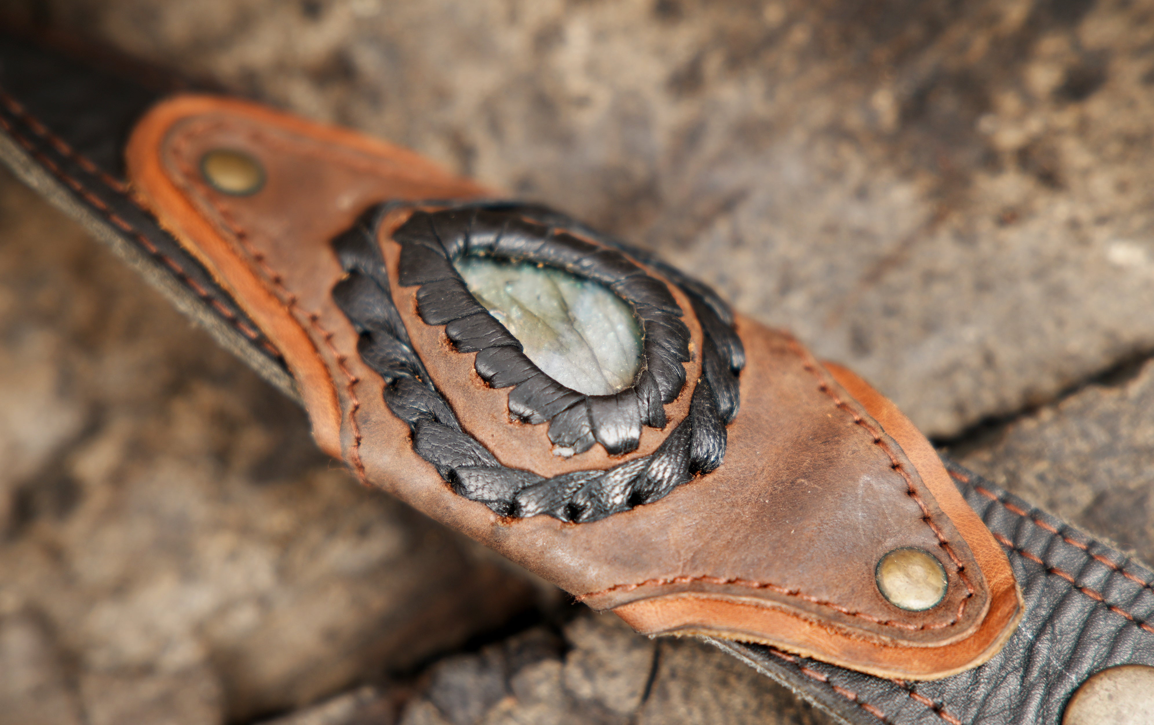 Handmade Leather Fringe Holster with Natural Stone Detail || Boho Style Leather Holster Bag with Fringe Design (LT/AB/HLS/6079)