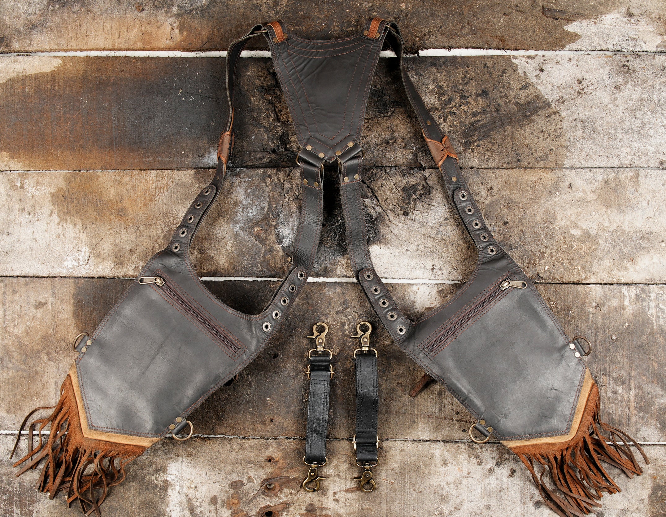 Leather utility holster with fringe for festival wear