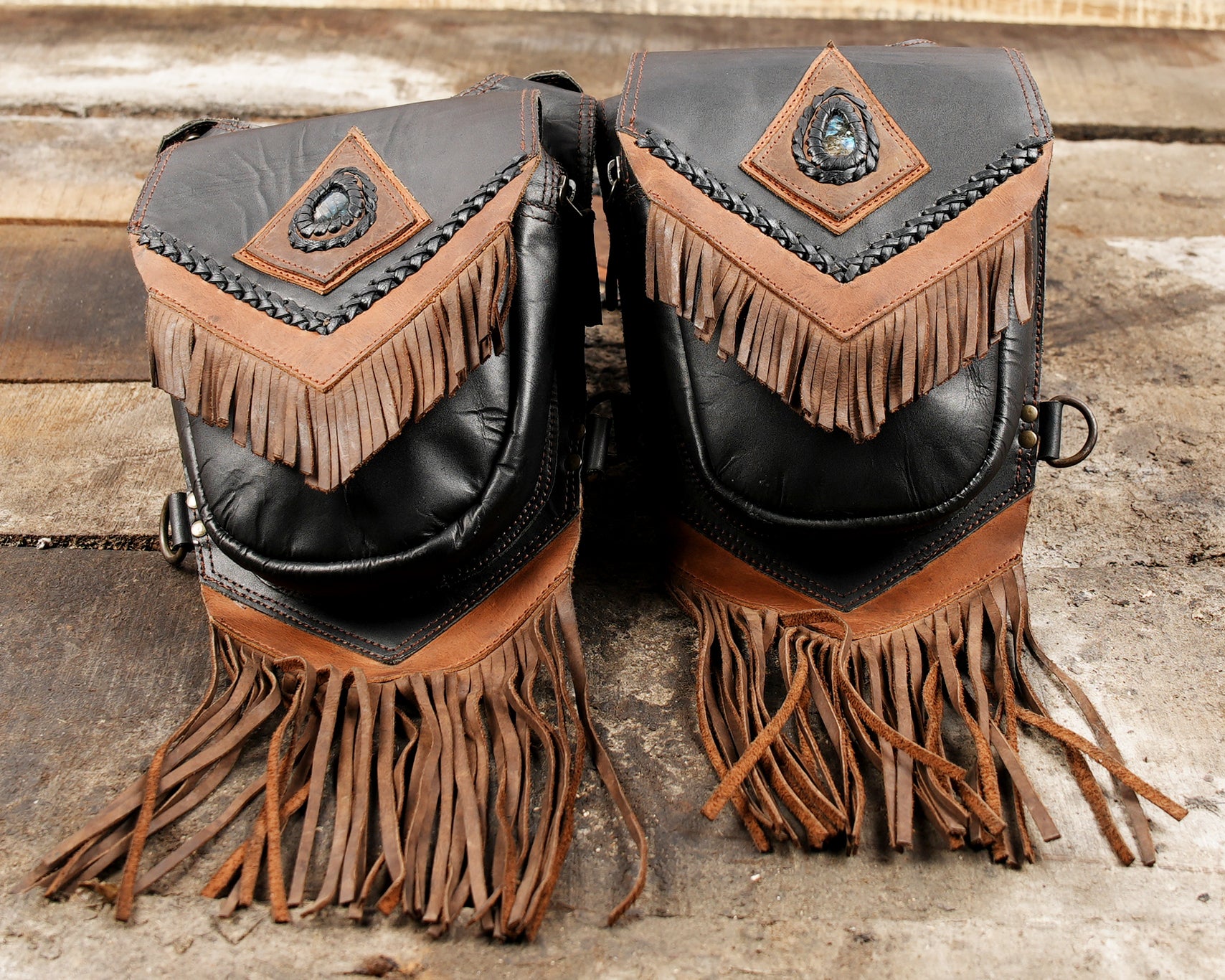 Hippie style leather holster with gemstone and tassels