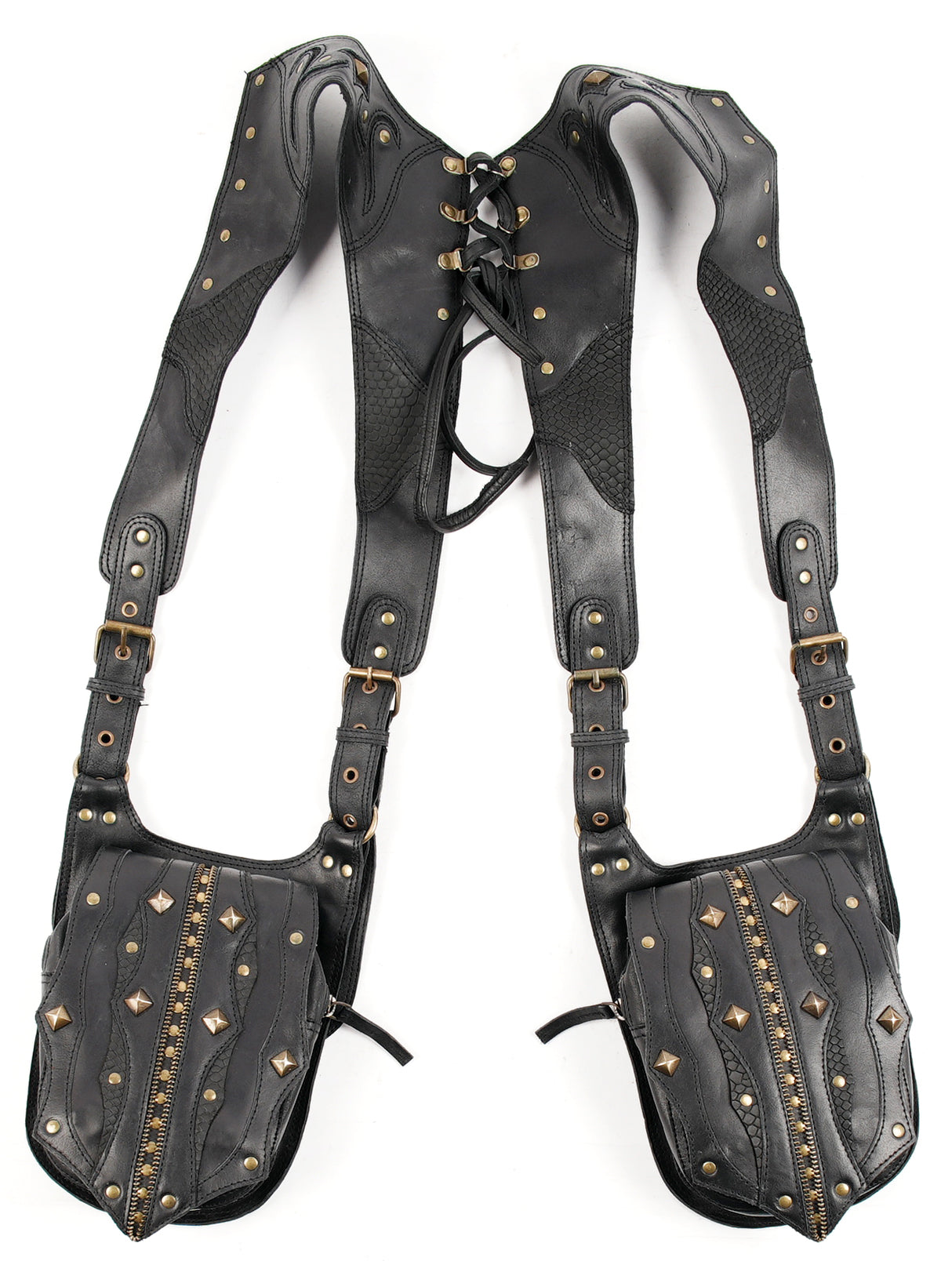 Durable black leather holster with decorative metal rivets