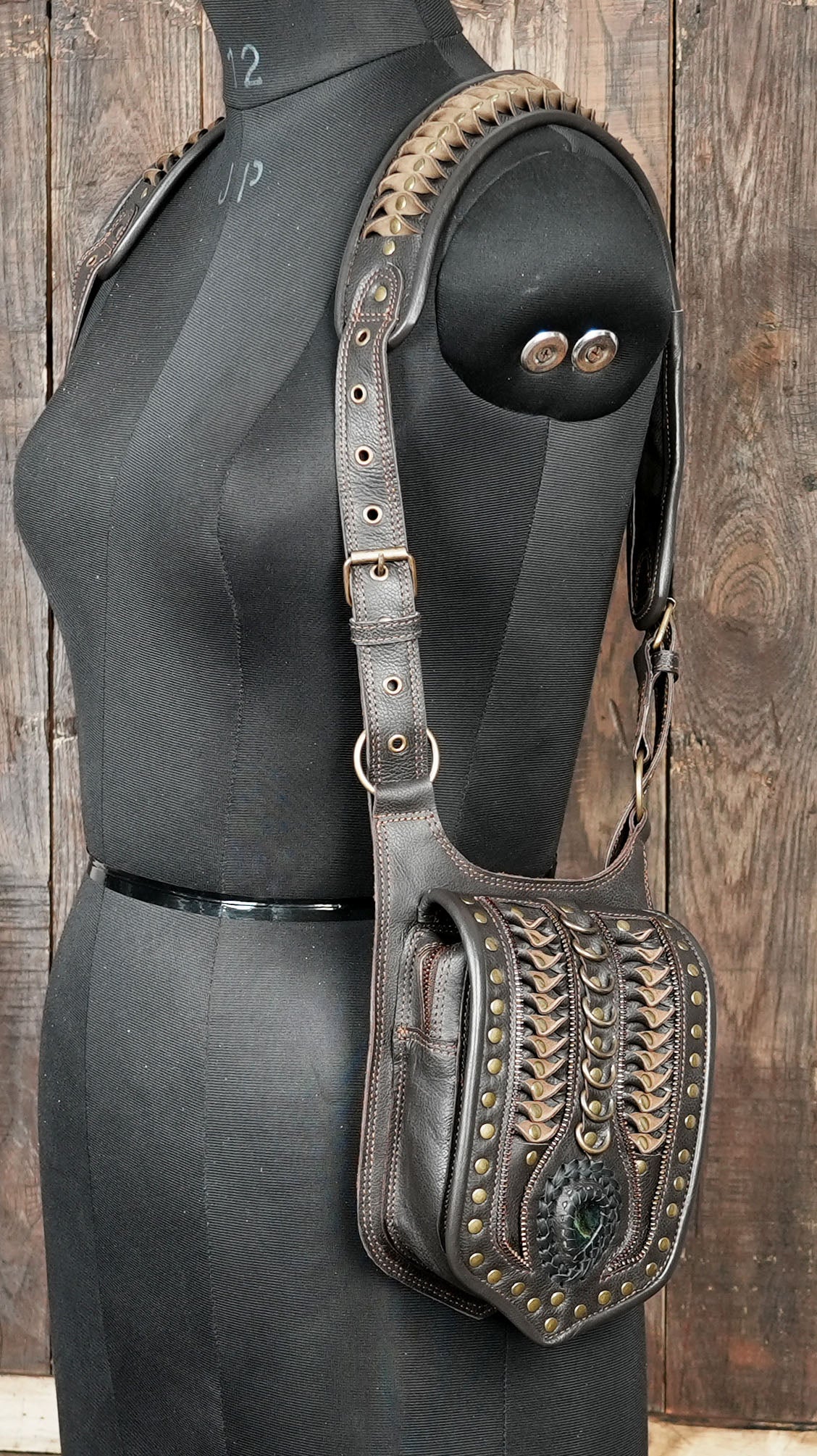 Handmade dual pouch holster with brass hardware and gemstone embellishment