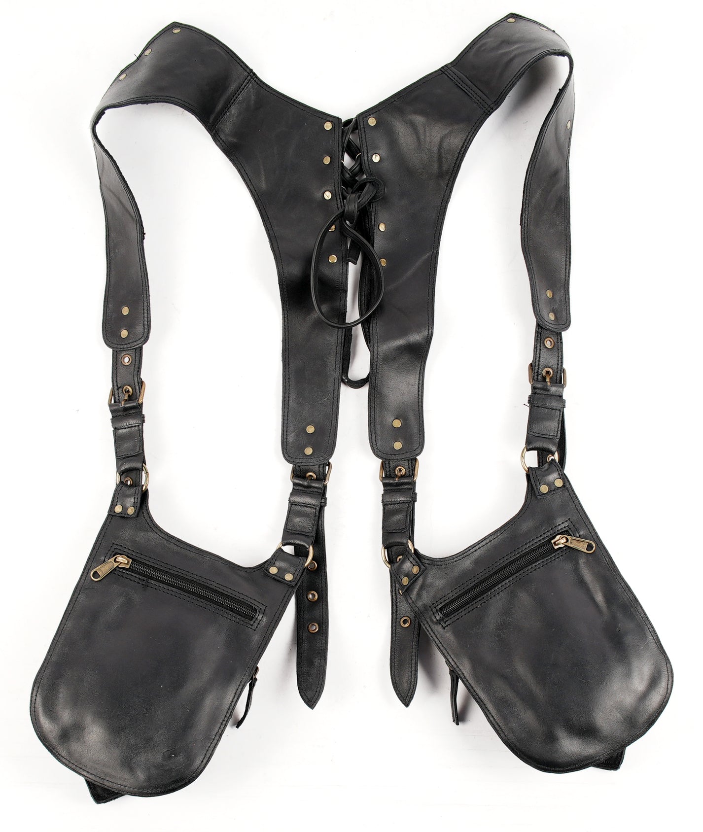 Utility shoulder holster with studded pouches and rugged finish