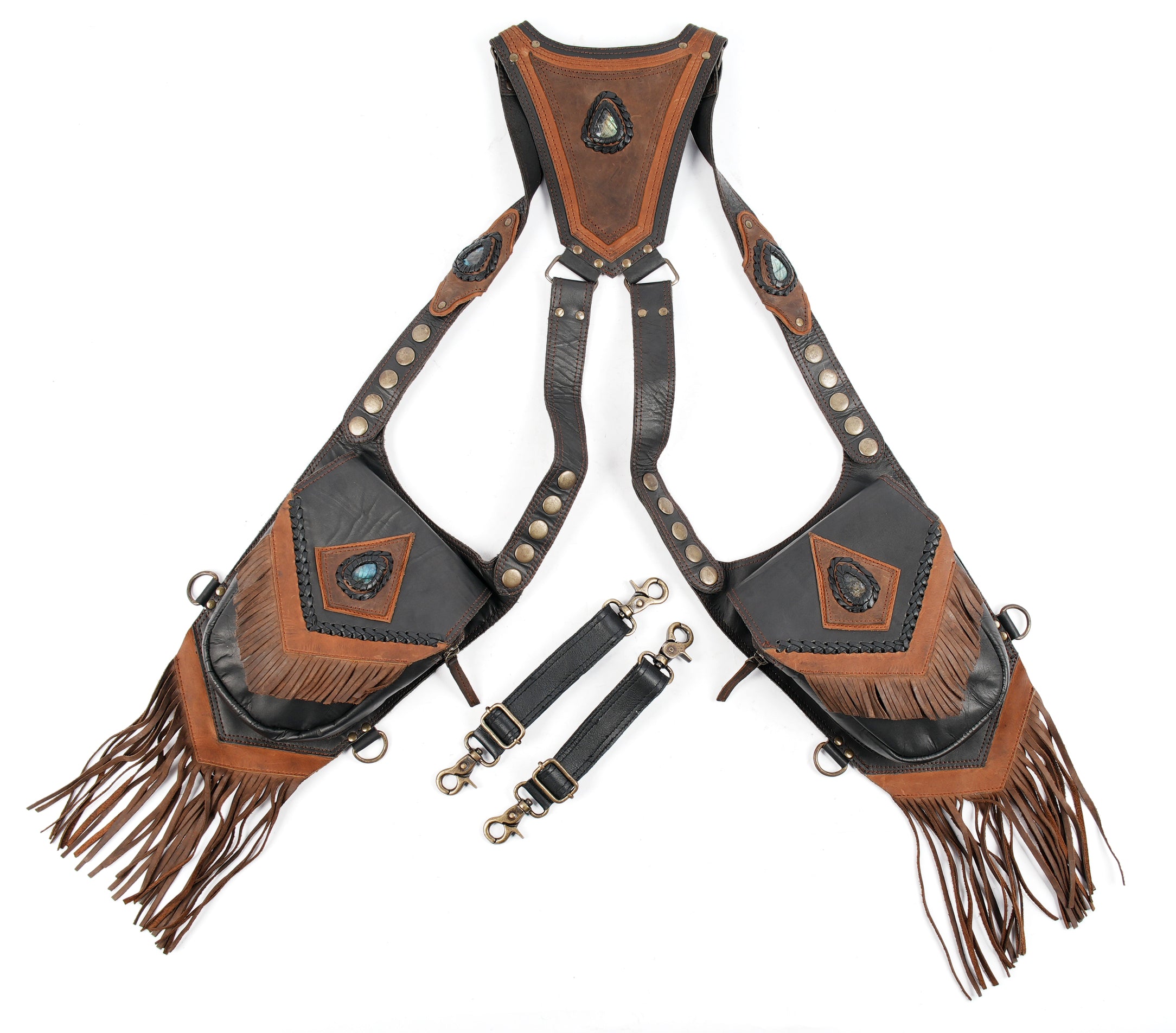 Fringe leather holster bag with gemstone centerpiece