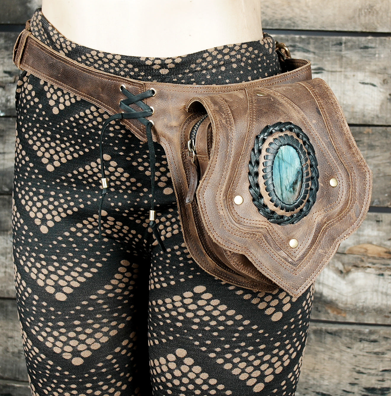 Festival fashion leather hip bag with gemstone and studs