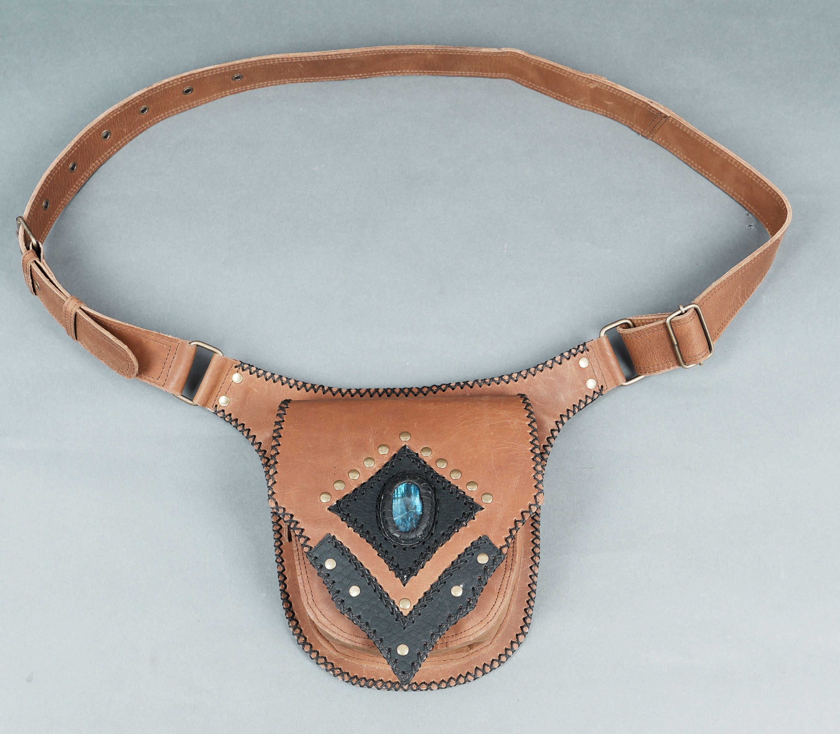 Unique gemstone waist belt handmade from genuine leather