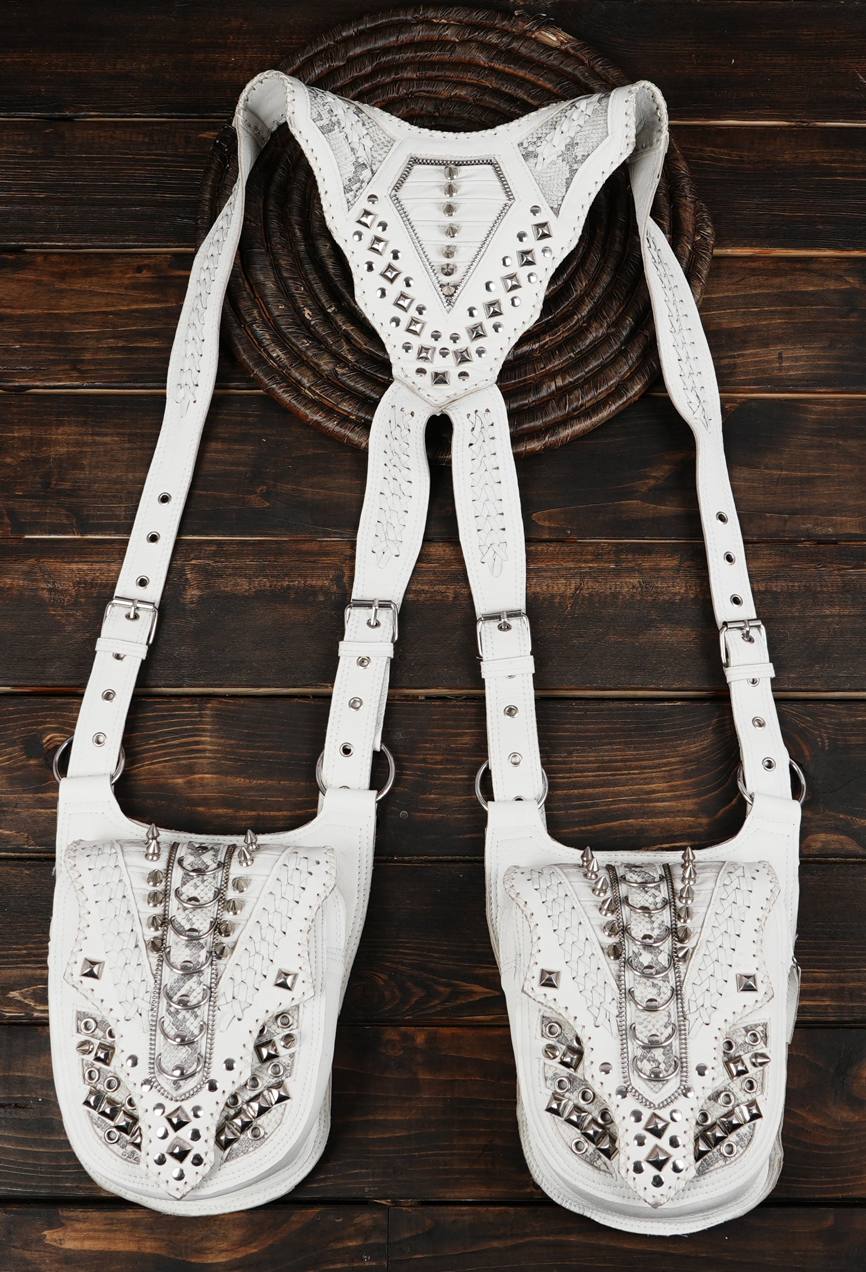 Black and Silver Studded Leather Dual Shoulder Holster || Steampunk Battle-Style Leather Holster with Spiked Detailing (LT-NS-HLS-6017)