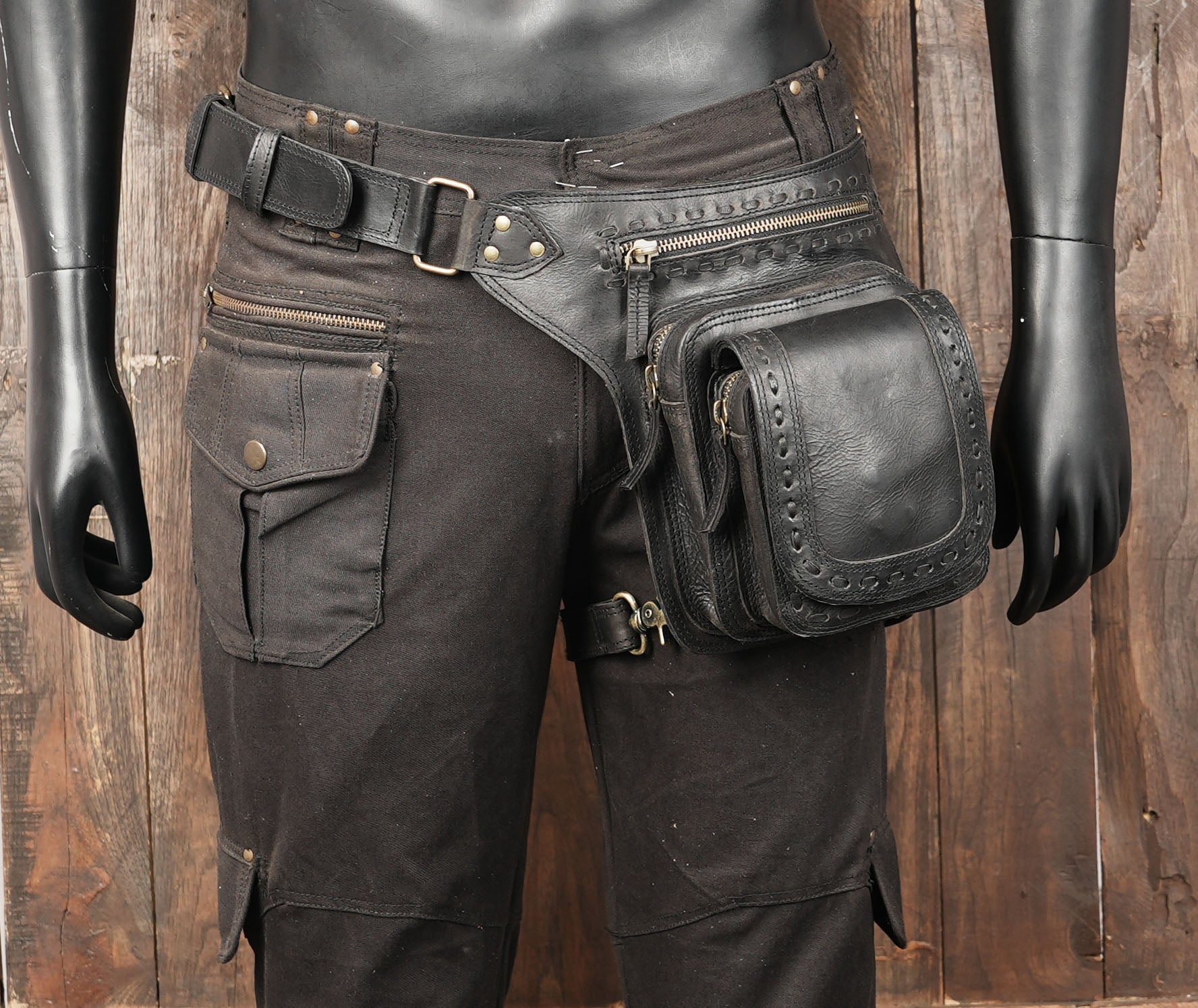 Unisex black leather belt bag for festivals and biker wear