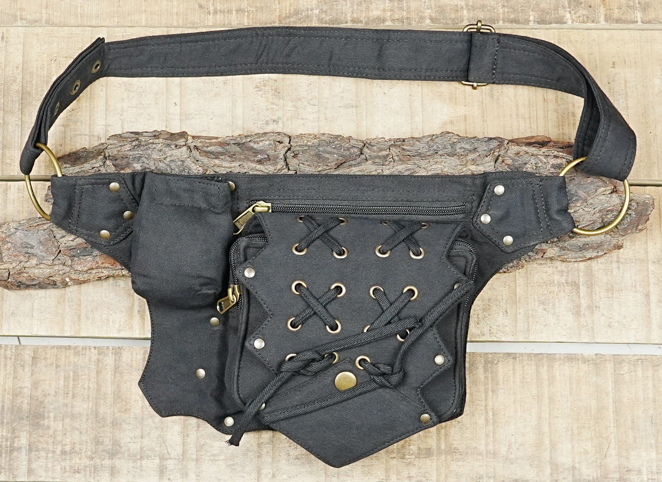 Handcrafted black cotton utility belt with laced pocket and zipper compartments
